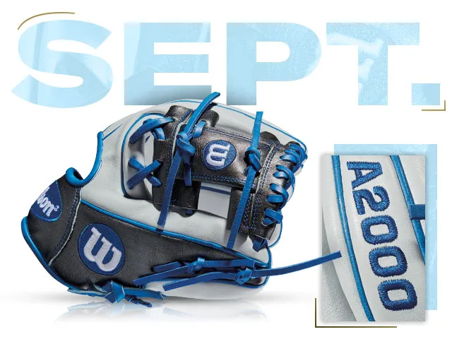 Wilson A2000 1788 glove features blue and white design with "SEPT." text, highlighting Fan Choice for September 2014.