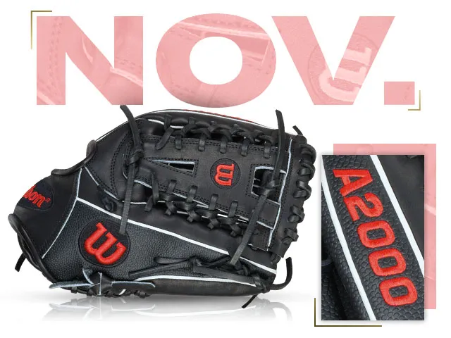 Wilson 100 GOTM November 2014 A2000 33 SS baseball glove with black leather and red accents, featuring NOV and A2000 branding.