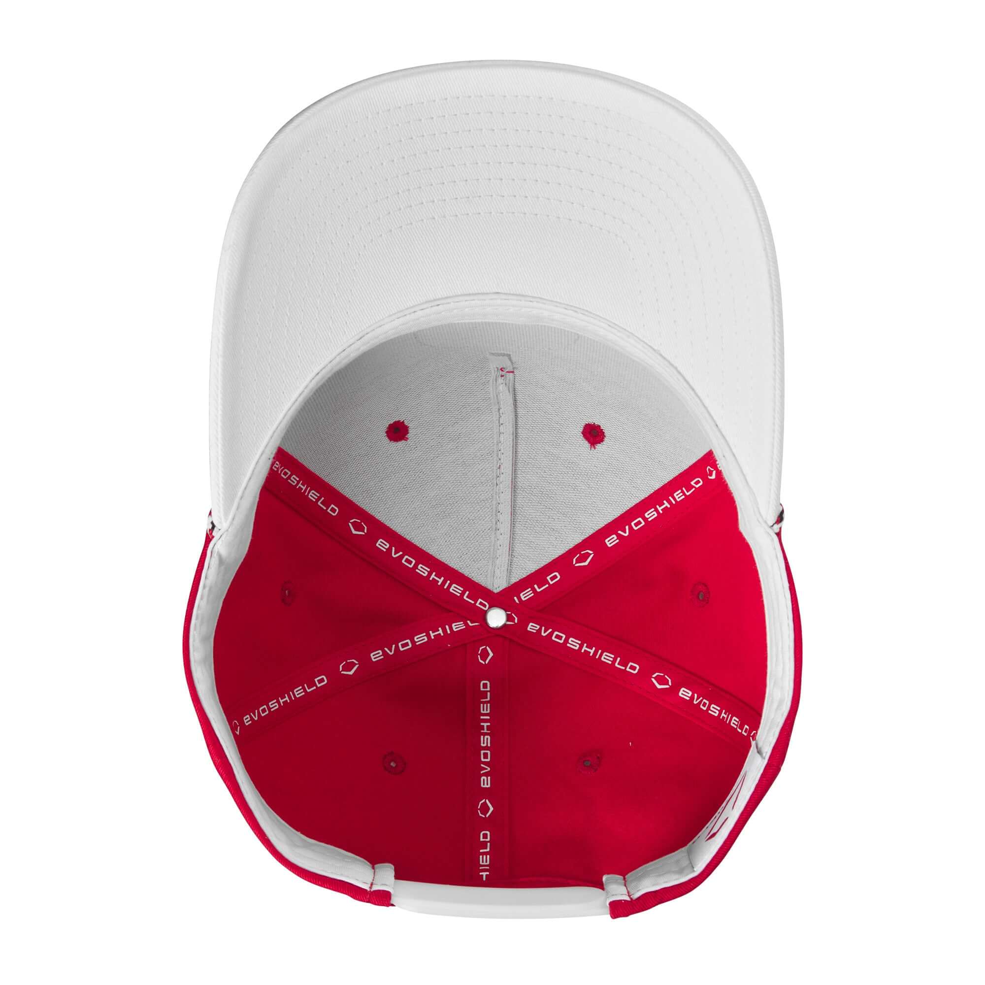 Inside view of Evoshield USA Rope Snapback in scarlet and white, showcasing cotton fabric and branded detailing.