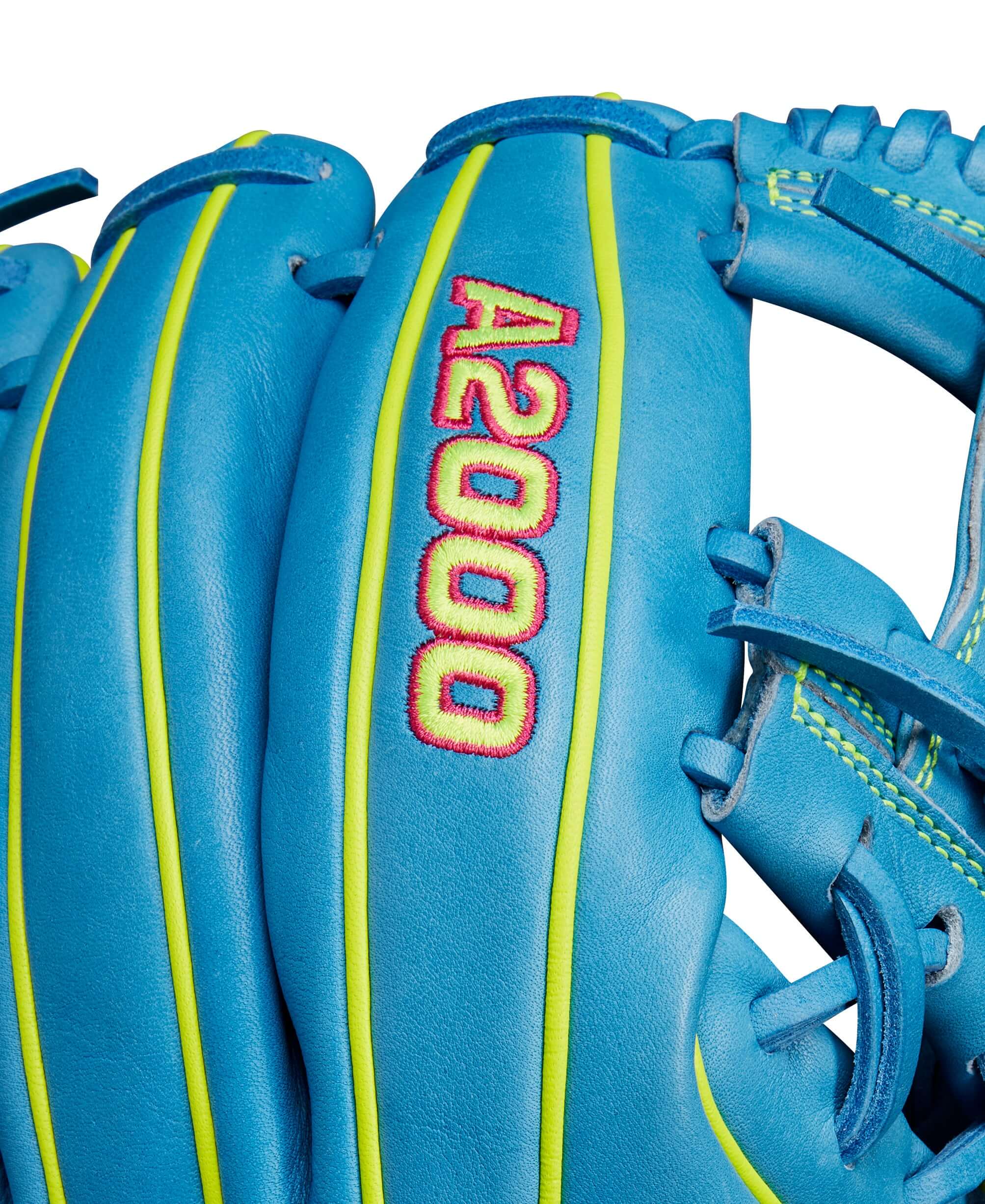 Sky Blue Wilson A2000 1786 Infield Baseball Glove close-up with H-Web design and vivid detailing.