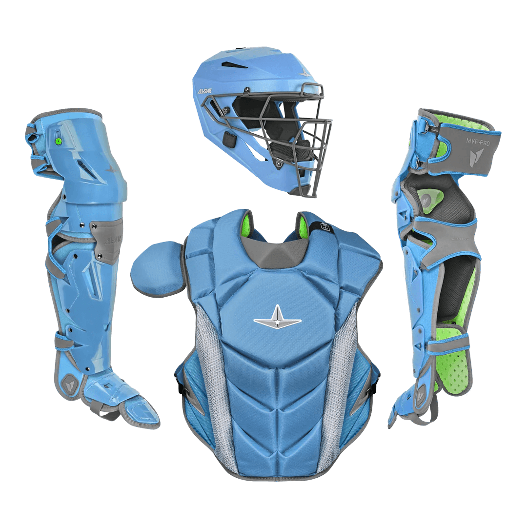 All-Star MVP-PRO Series Adult Catcher's Kit in blue, featuring helmet, chest protector, and leg guards meeting NOCSAE standards.