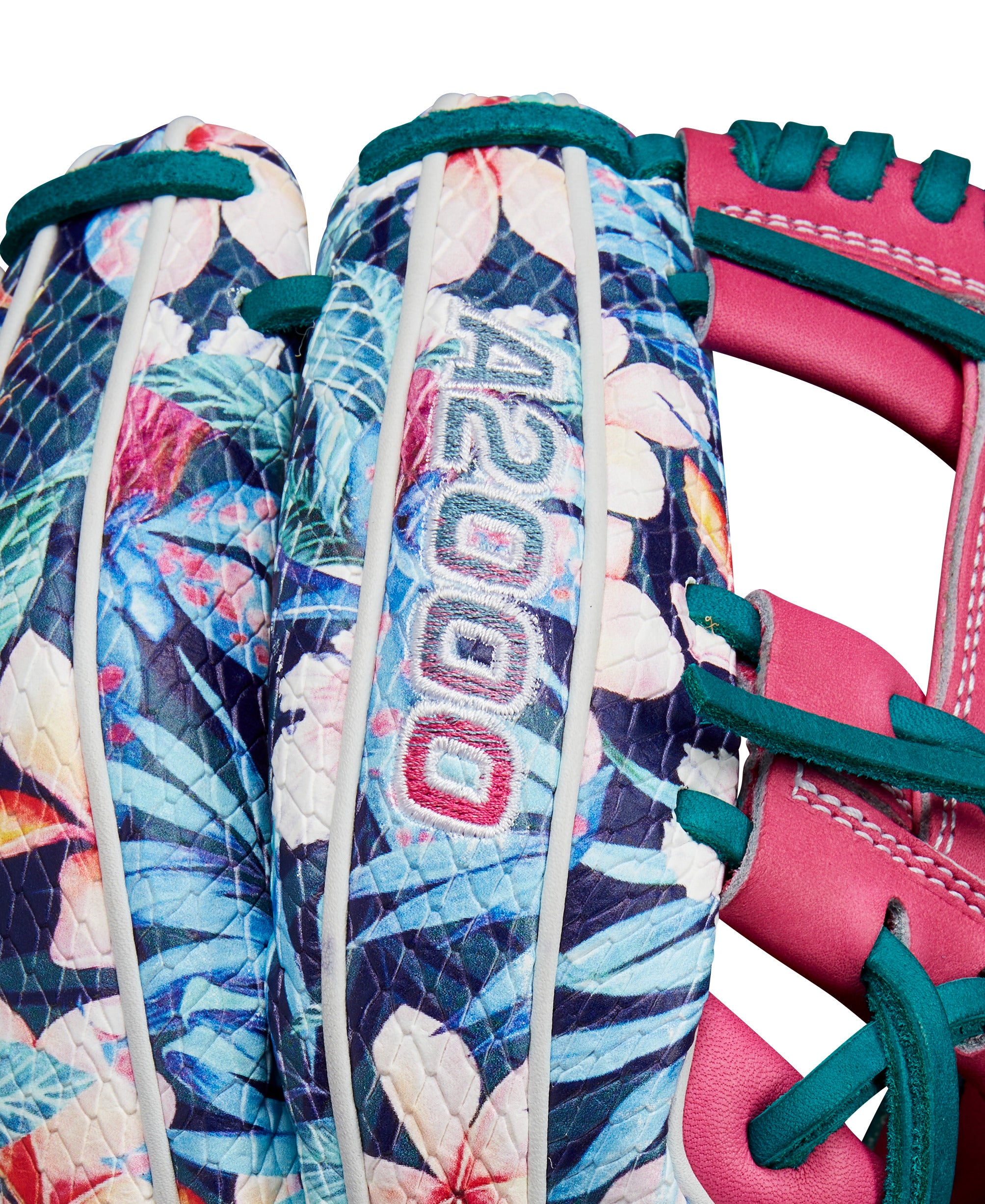 Close-up of Wilson A2000 1786 glove featuring floral print and Flamingo Pink Pro Stock leather for infielders.