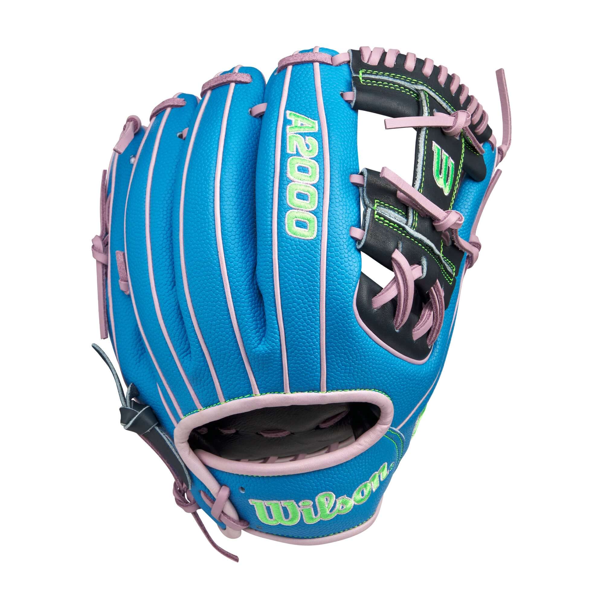 Back view of the Wilson A2000 1786SS, highlighting Sky Blue SuperSkin and Bold Outlined Logos