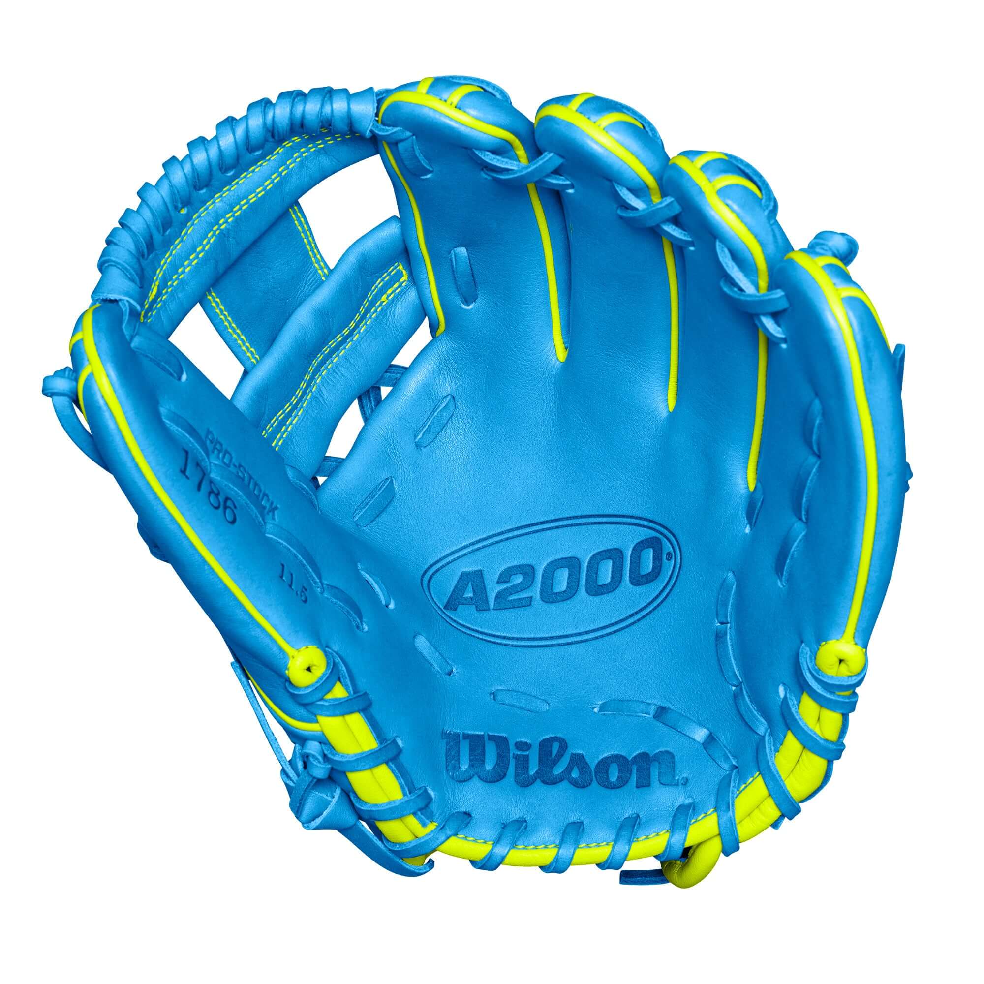 Wilson A2000 1786 infield baseball glove in sky blue with optic accents, 11.5-inch H-Web design for infielder use.