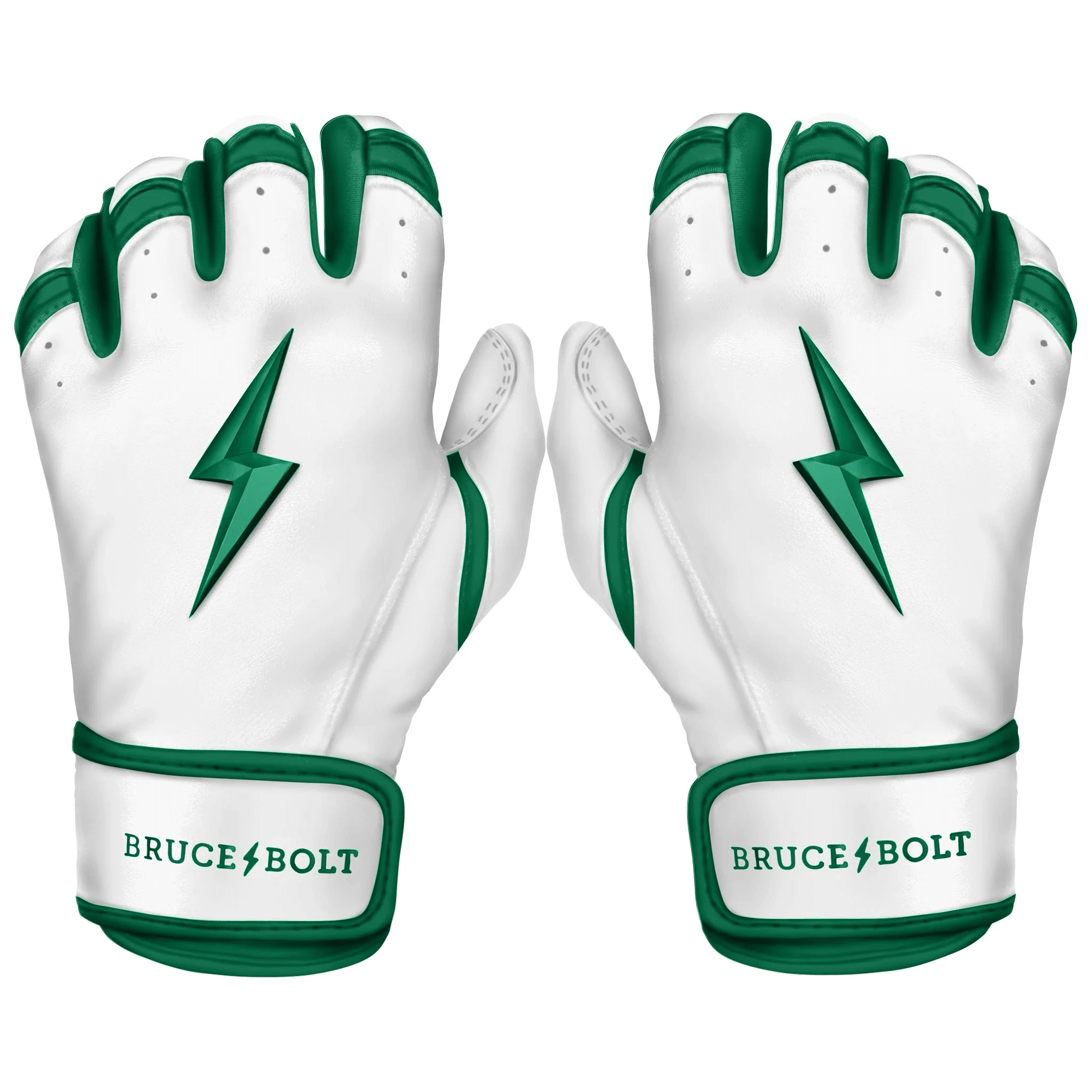 Bruce Bolt Youth Premium Pro Chrome Short Cuff Batting Gloves in Green, featuring high-quality leather and a stylish design.