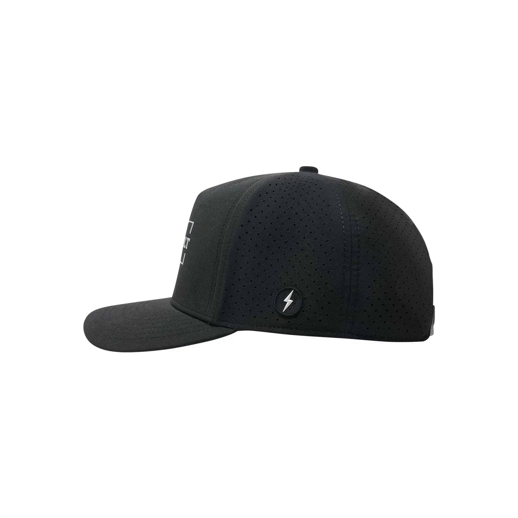 Side view of Bruce Bolt Standard 5-Panel Snapback Hat in black, featuring breathable laser-cut panels and unique sweatband.