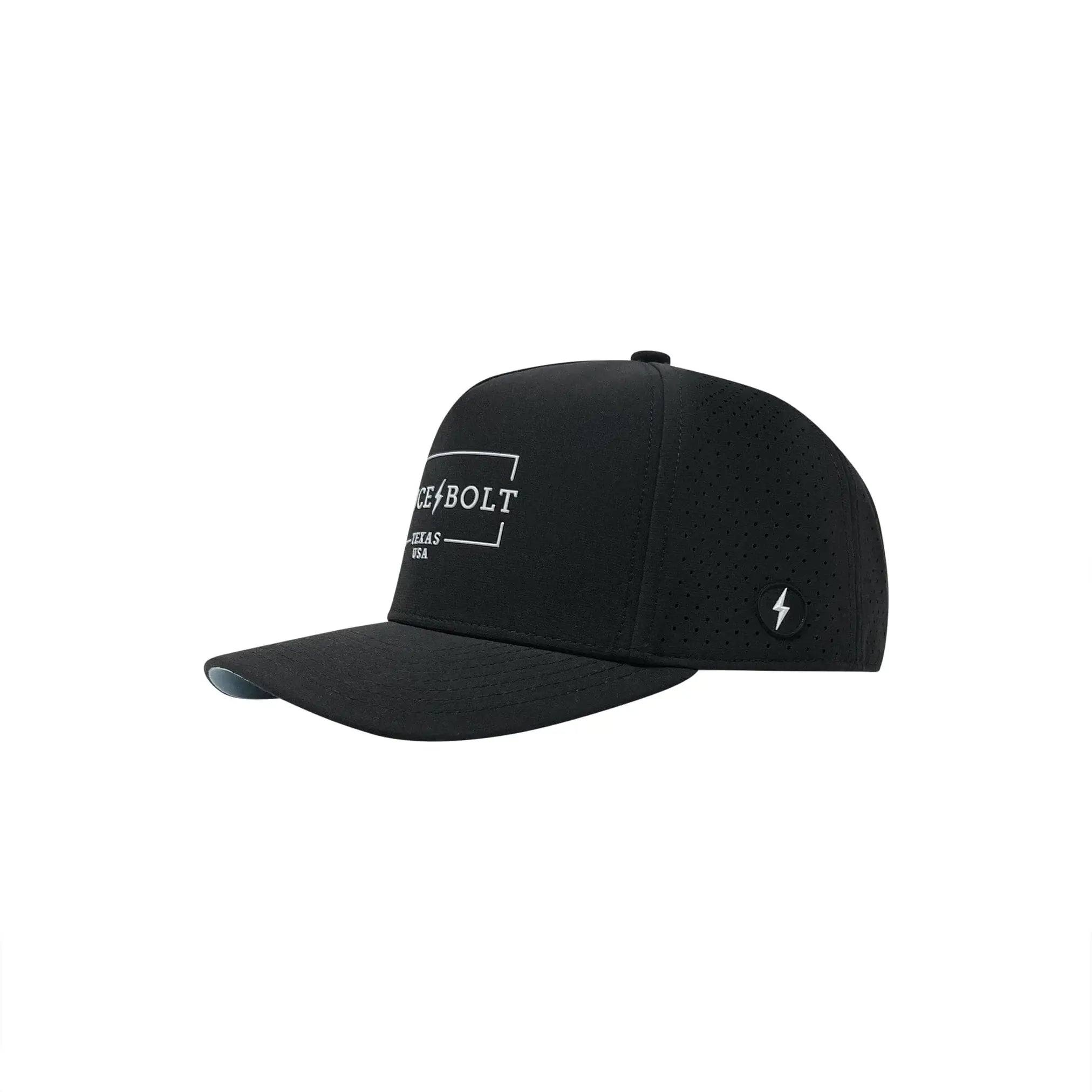 Bruce Bolt Standard 5-Panel Snapback Hat in black, designed for comfort and performance with water-resistant materials.