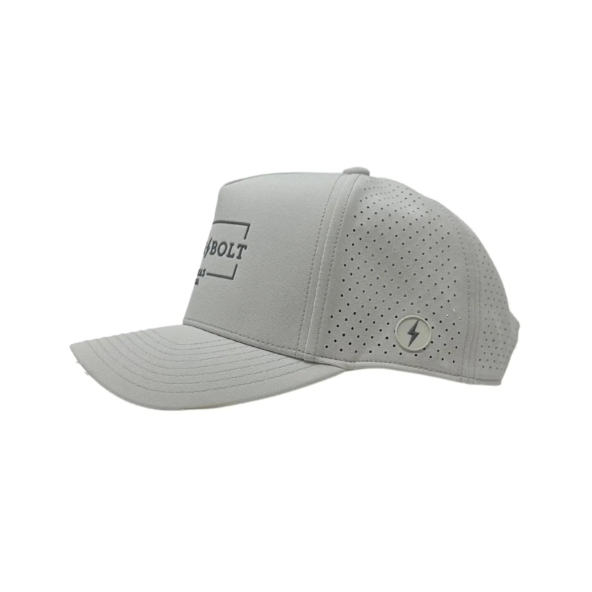 Bruce Bolt Standard 5-Panel Snapback Hat in grey with laser-cut back panels for breathability and comfort.