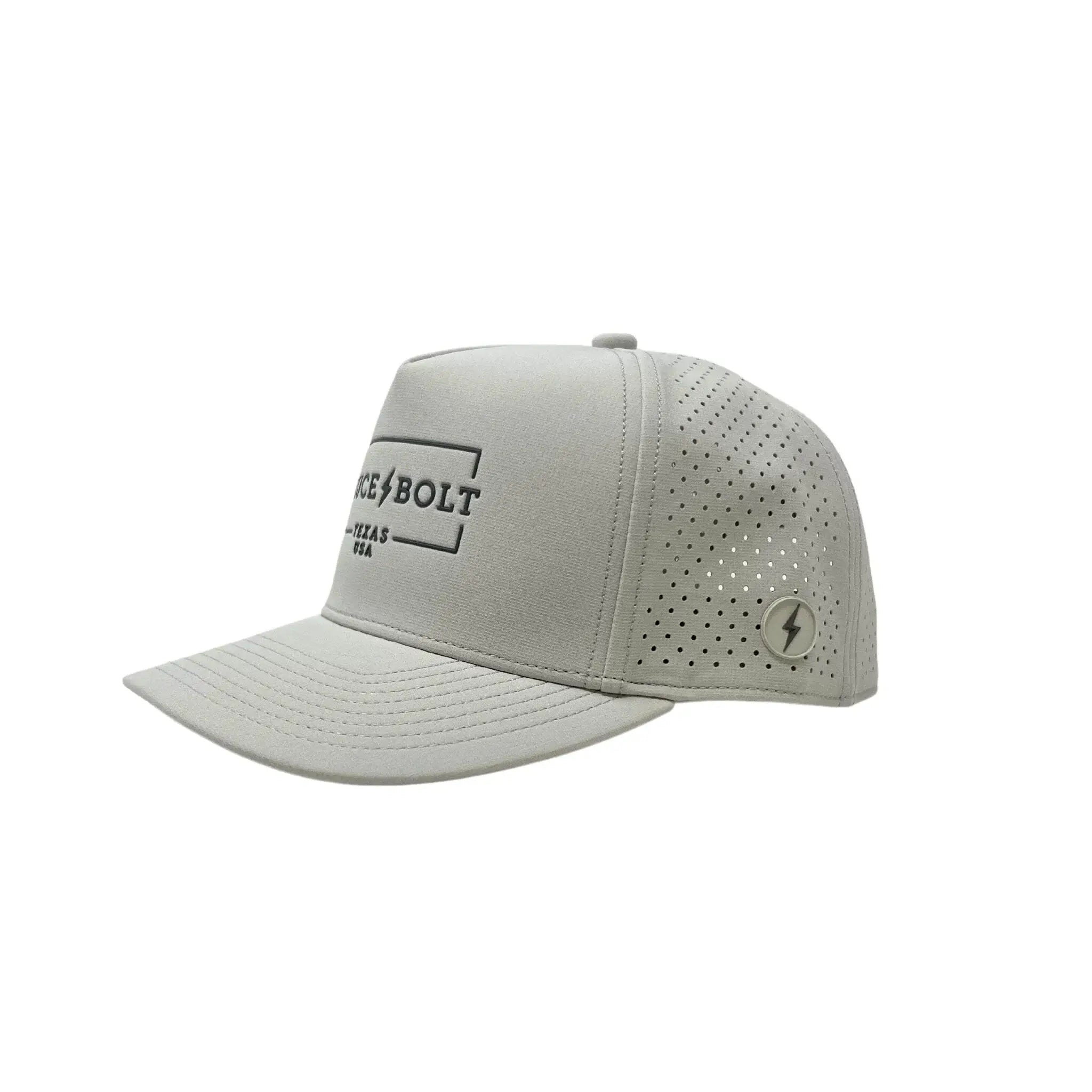 Bruce Bolt Standard 5-Panel Snapback Hat in light gray with breathable mesh panel and logo, perfect for athletes.