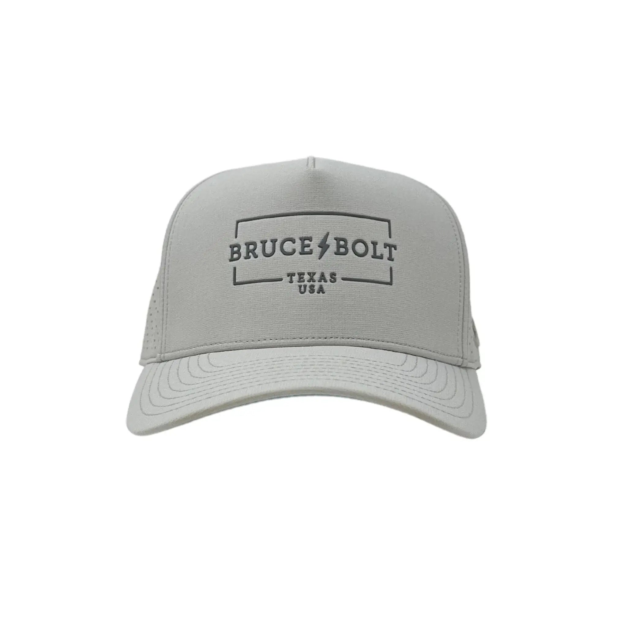 Bruce Bolt Standard 5-Panel Snapback Hat in light gray with Texas USA logo, designed for comfort and performance.