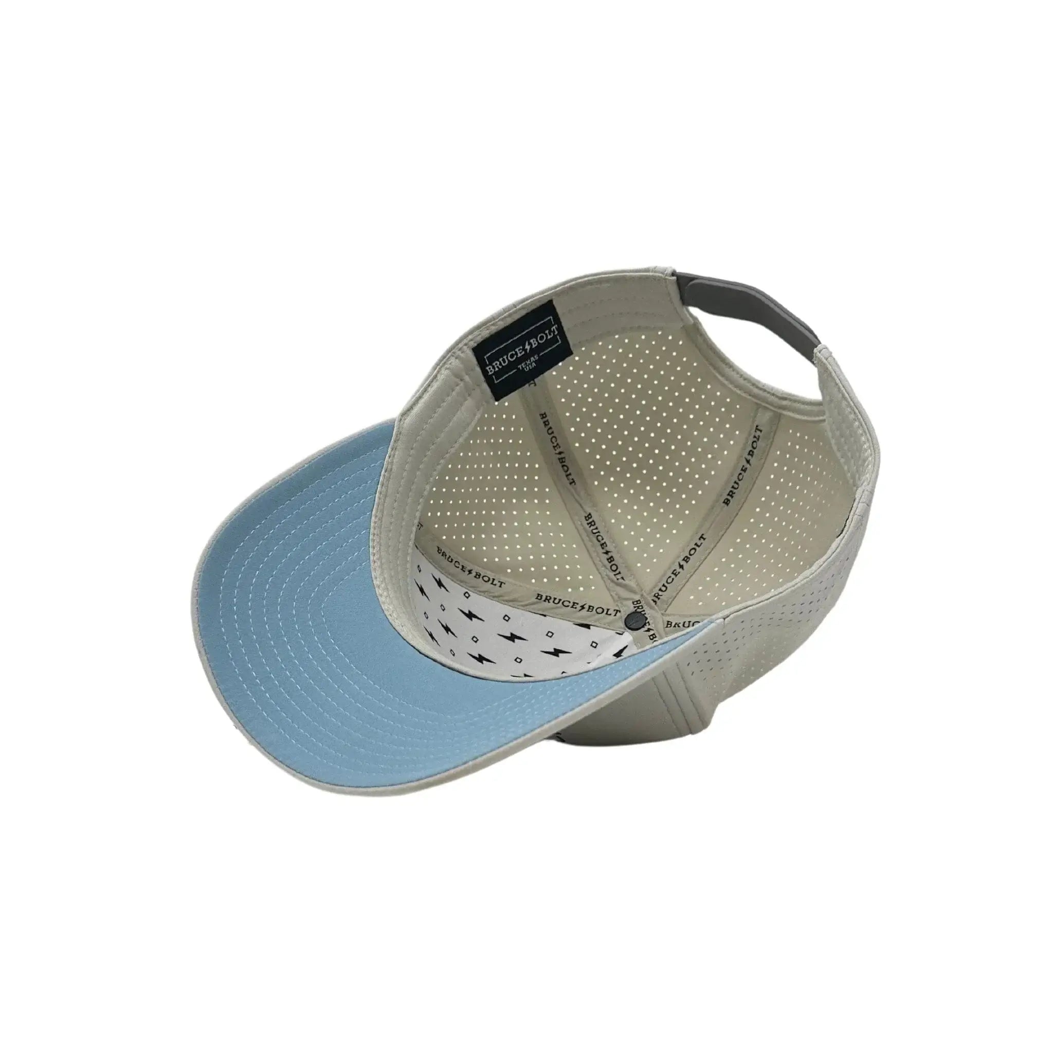 Inside view of the Bruce Bolt Standard 5-Panel Snapback Hat showcasing breathable laser-cut panels and light blue visor.