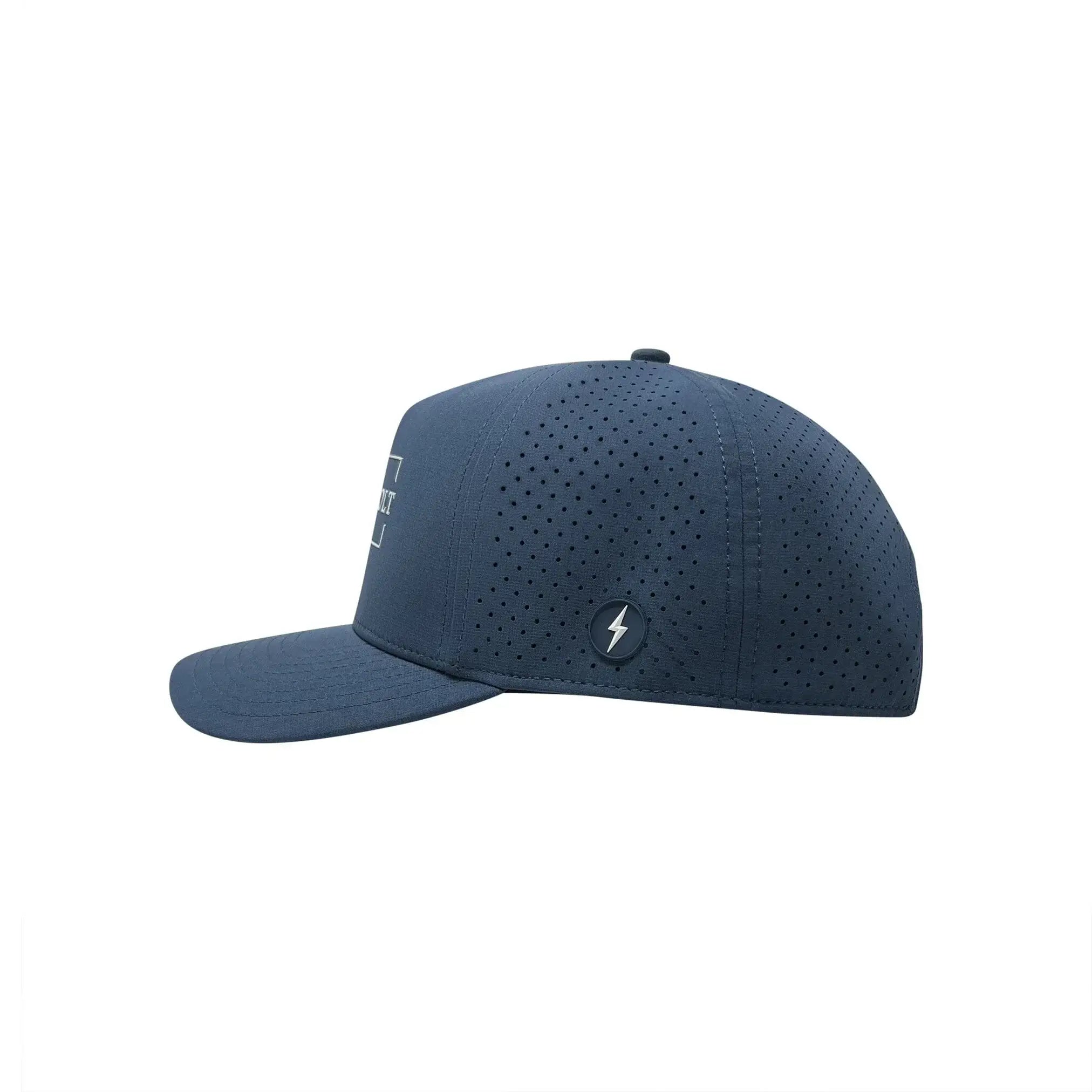 Side view of Bruce Bolt Standard 5-Panel Snapback Hat in navy, showcasing breathable laser-cut panels and unique logo.