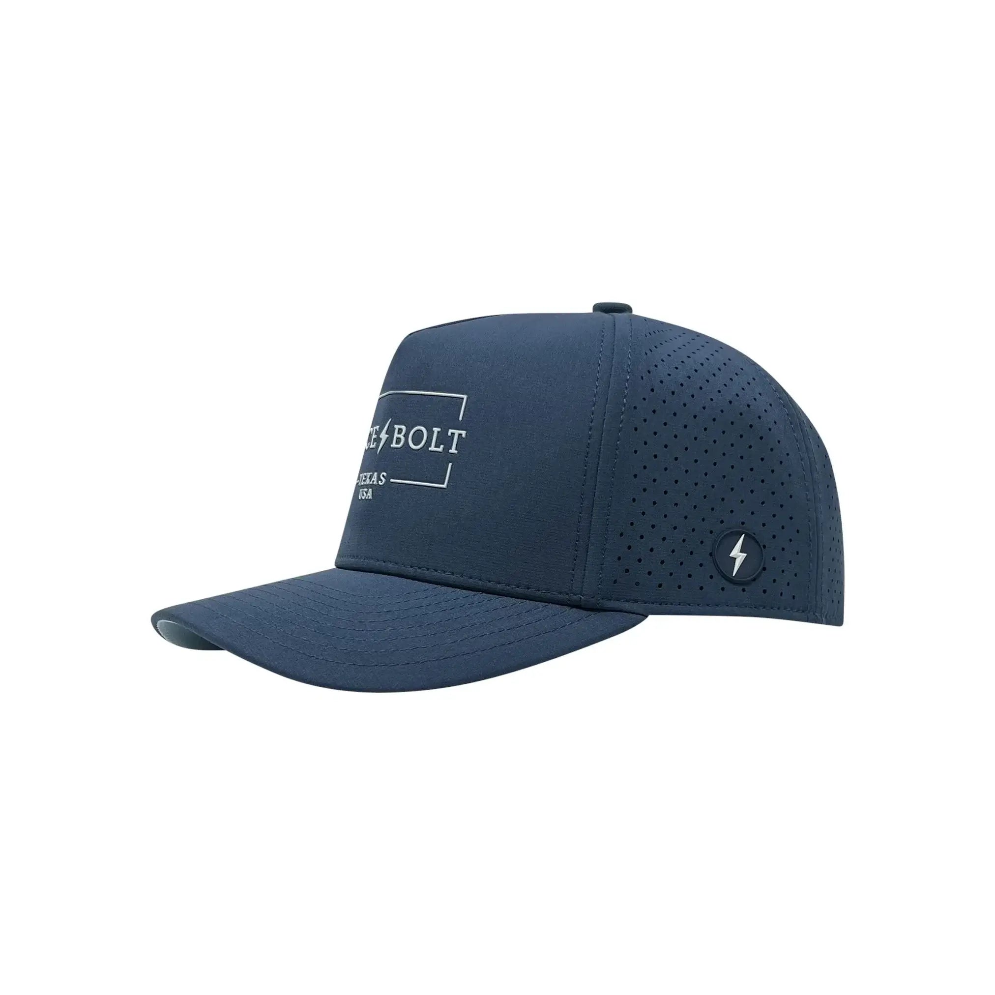 Bruce Bolt Standard 5-Panel Snapback Hat in navy blue, featuring breathable laser-cut panels and a stylish logo.