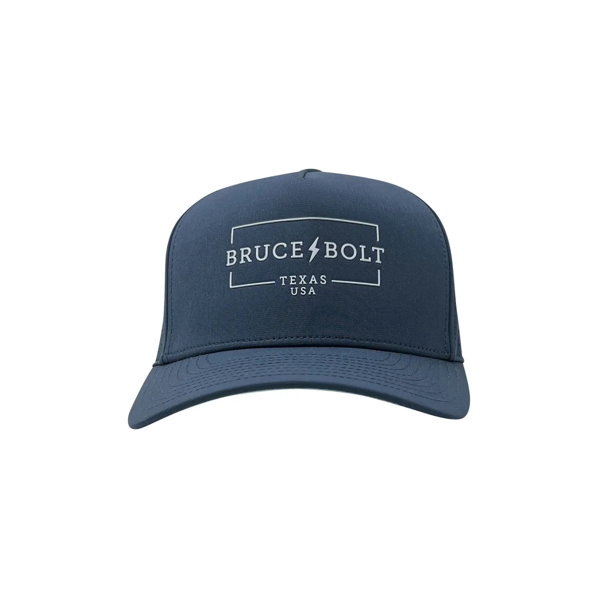 BRUCE BOLT Standard 5-Panel Snapback Hat in dark blue with logo and text, featuring a sleek design for athletes.