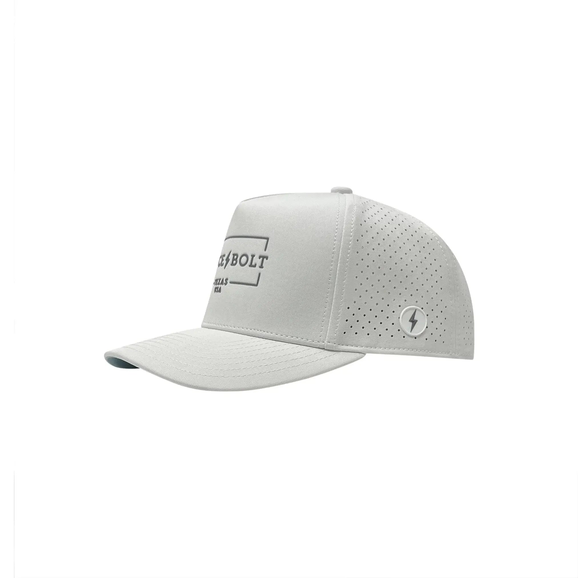 Bruce Bolt Standard 5-Panel Snapback Hat in light gray, designed for comfort, breathability, and water-resistance.