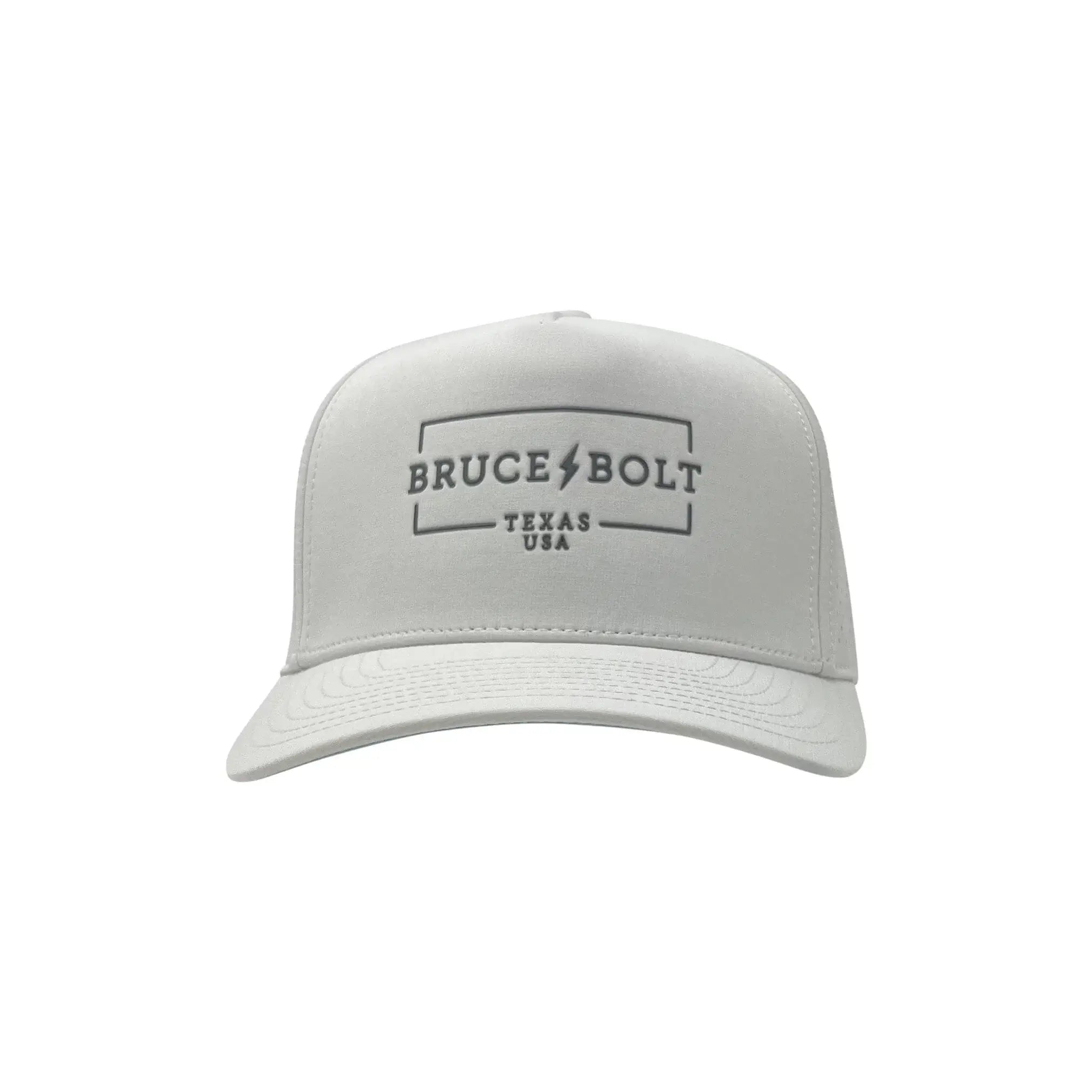 Bruce Bolt Standard 5-Panel Snapback Hat in light gray with logo, featuring water-resistant materials and breathable panels.