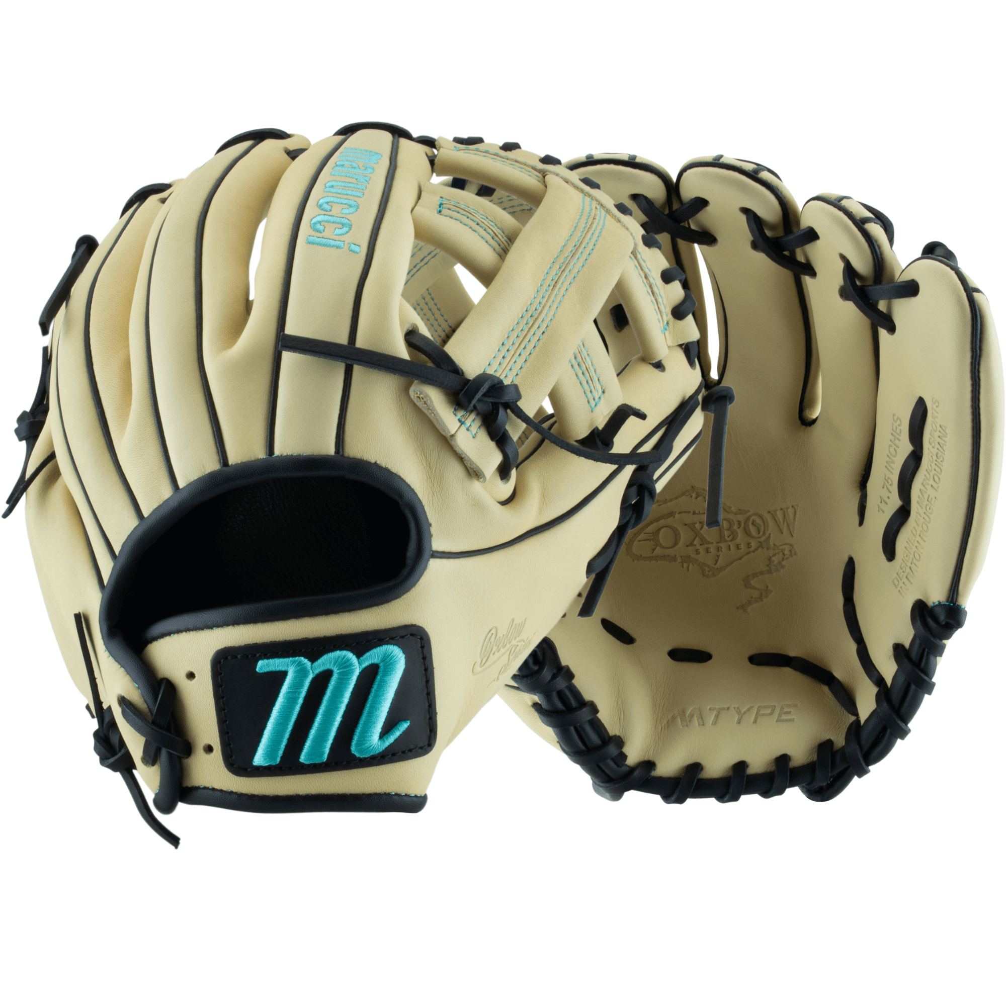 Marucci Oxbow Series 44A4 11.75 Single Post M Type baseball glove made of full-grain cowhide leather with black laces and turquoise logo embroidery