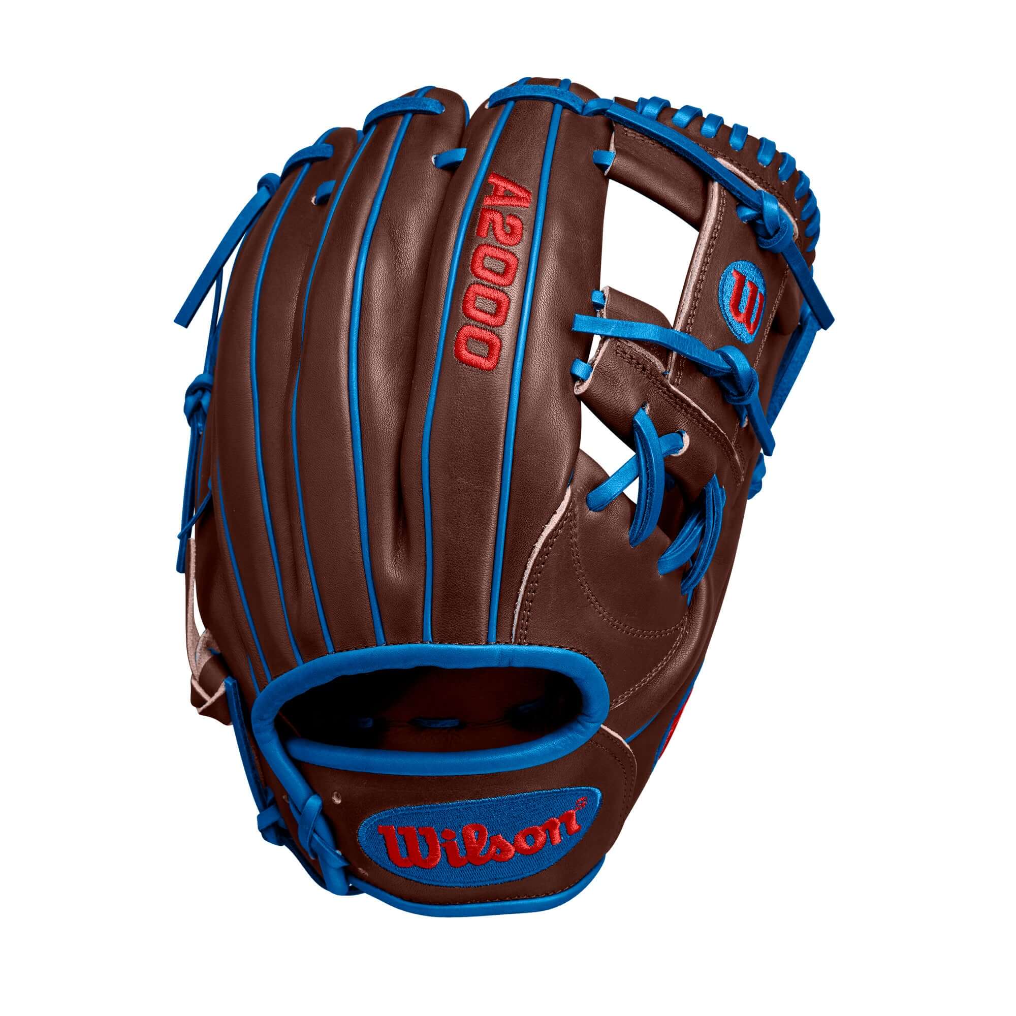 Wilson A2000 Dansby Swanson GM 11.75" glove in brown and blue, designed for superior performance in baseball.