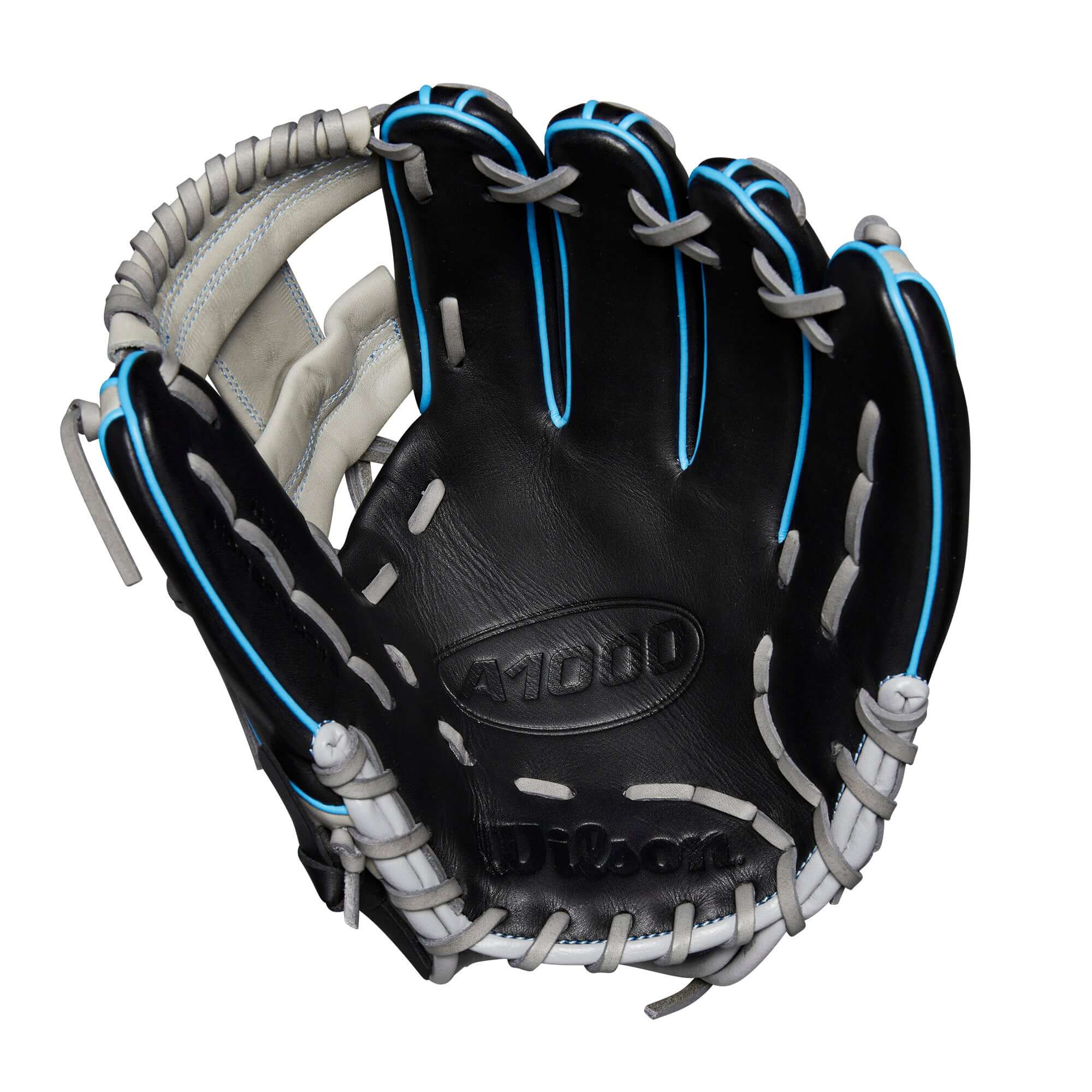 Wilson 2024 A1000 DP15 11.5" baseball glove in black, grey, cool blue, and pink with H-Web design and Pedroia Fit for infielders.