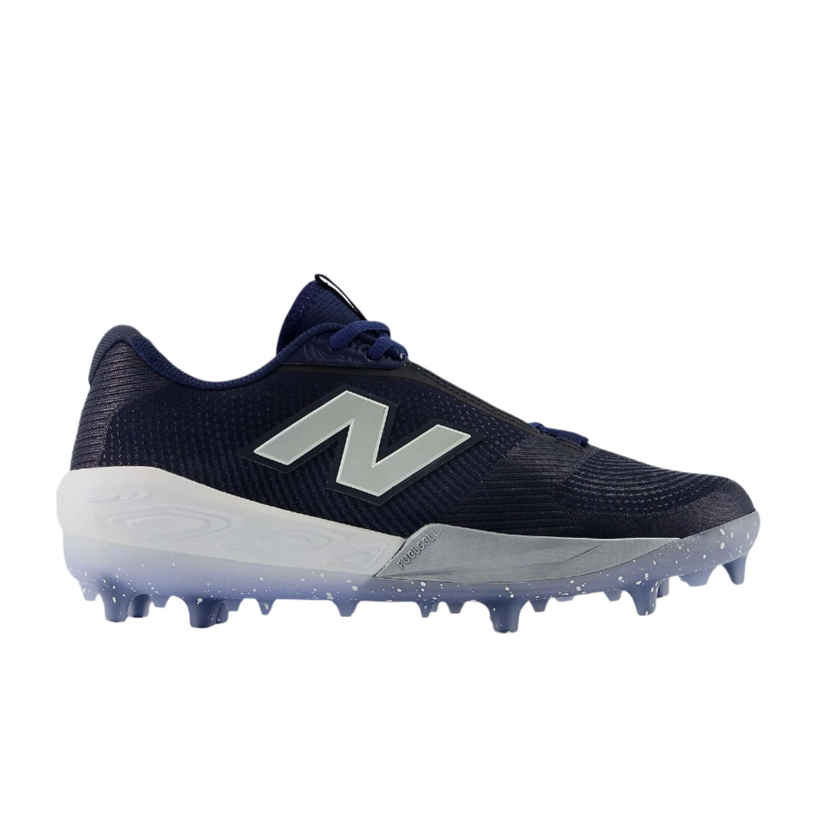 Side angle view of New Balance FuelCell Compv4 - Team Navy showcasing the iconic N logo.