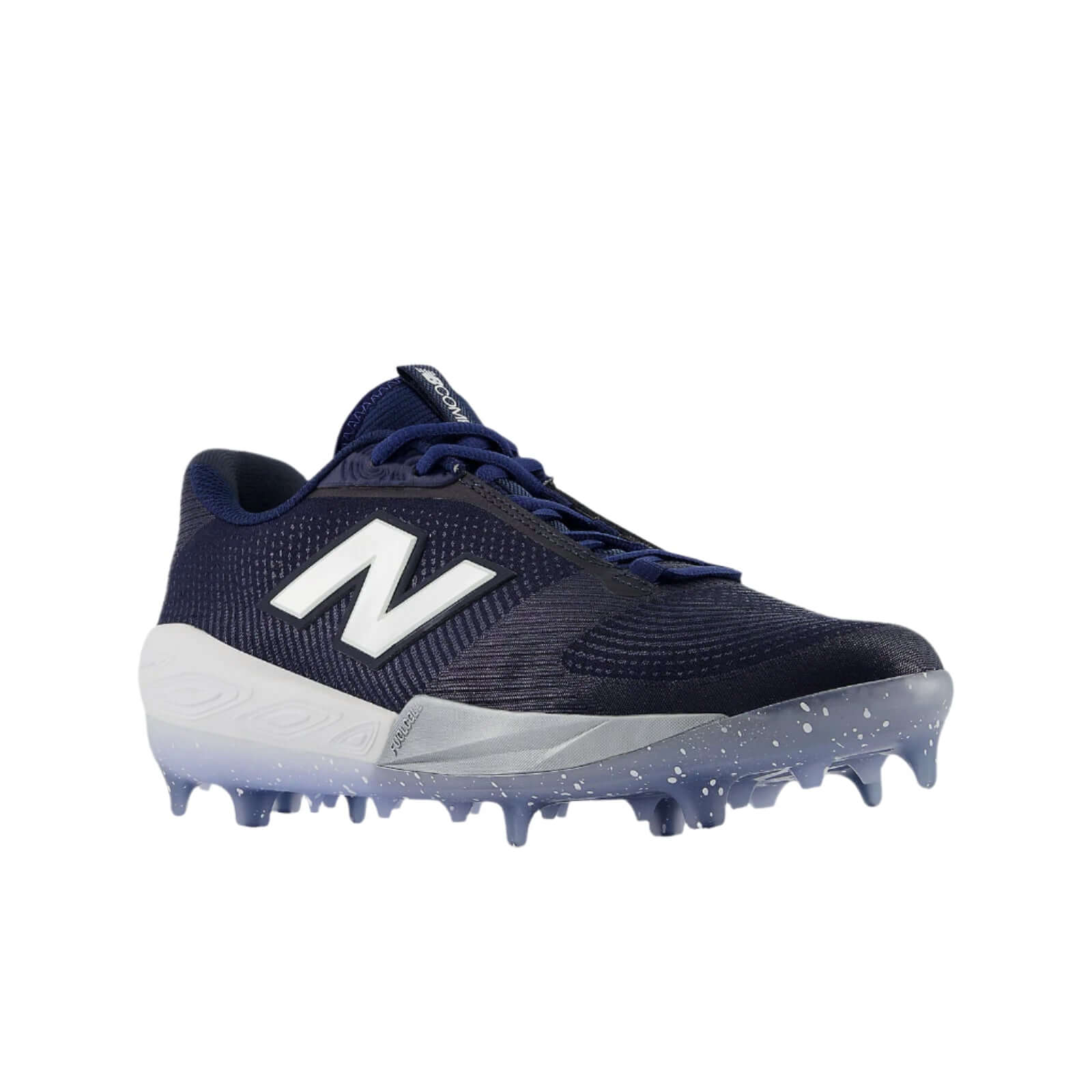 Front side angle of New Balance FuelCell Compv4 - Team Navy, highlighting the shoe's sleek design.