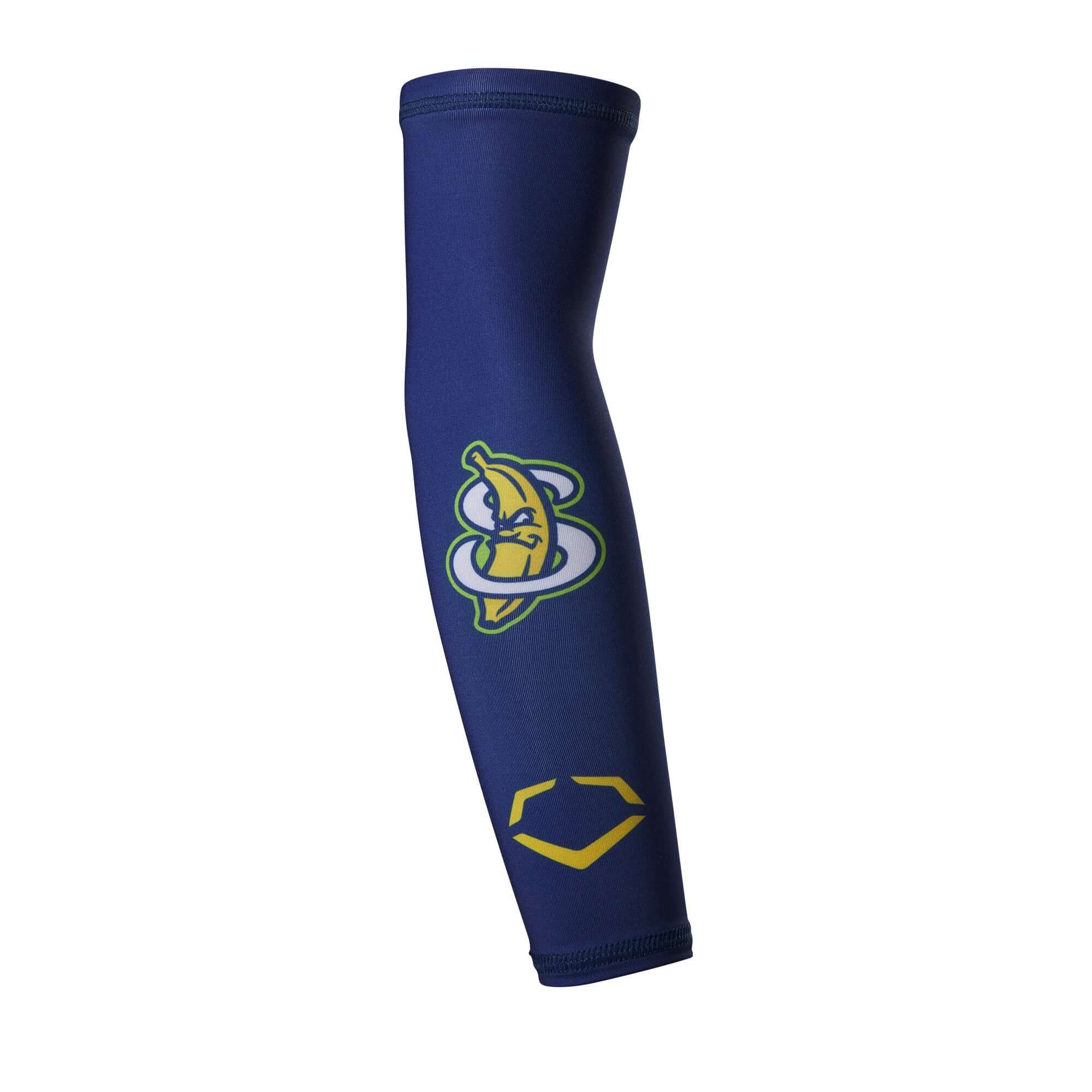 Evoshield Bananas Navy arm sleeve featuring moisture-wicking and compression fit for athletes. Ideal for warm weather activities.