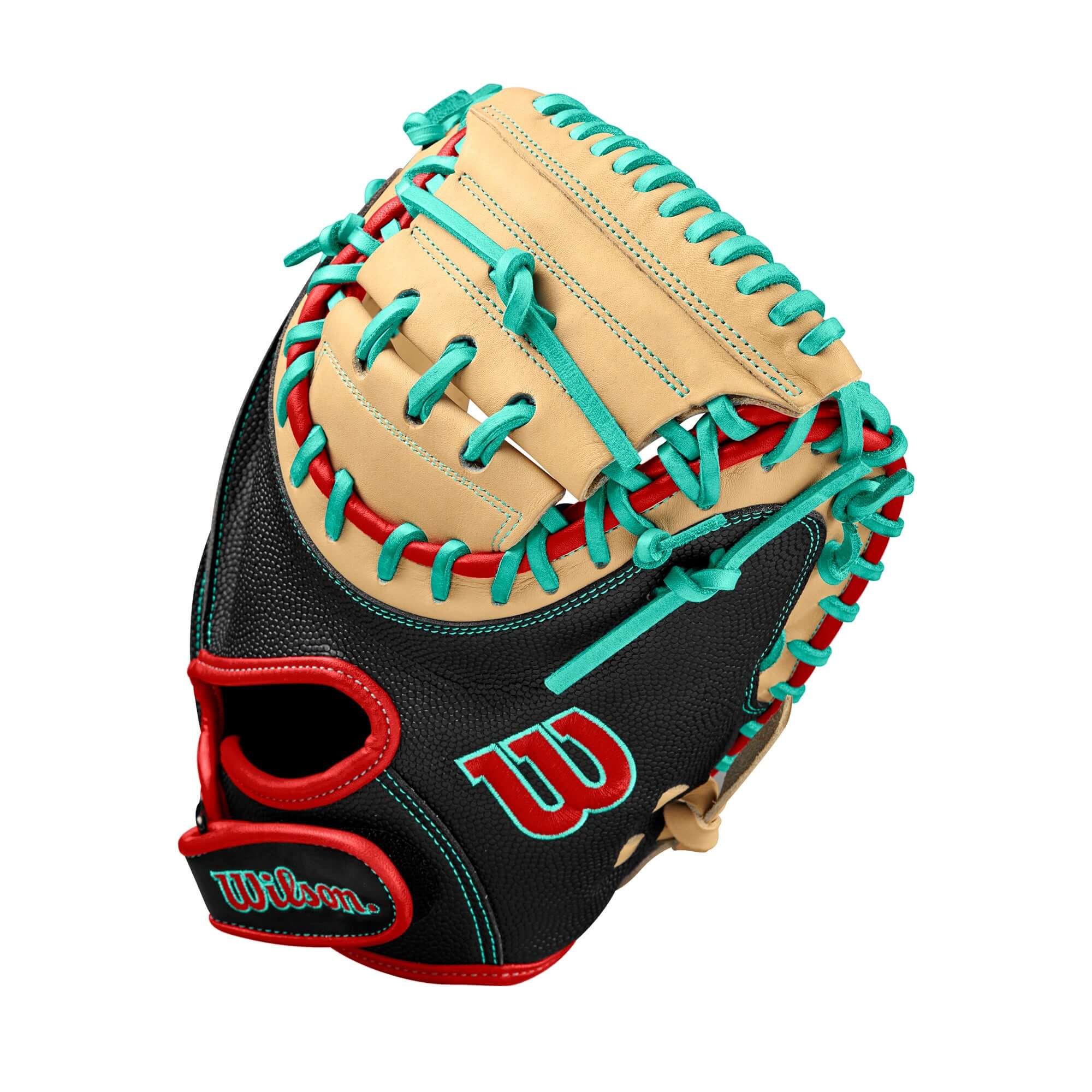 Wilson A2000 PF33 Baseball Catcher's Mitt black and blonde with teal lacing and red accents, 33 inches for young catchers.