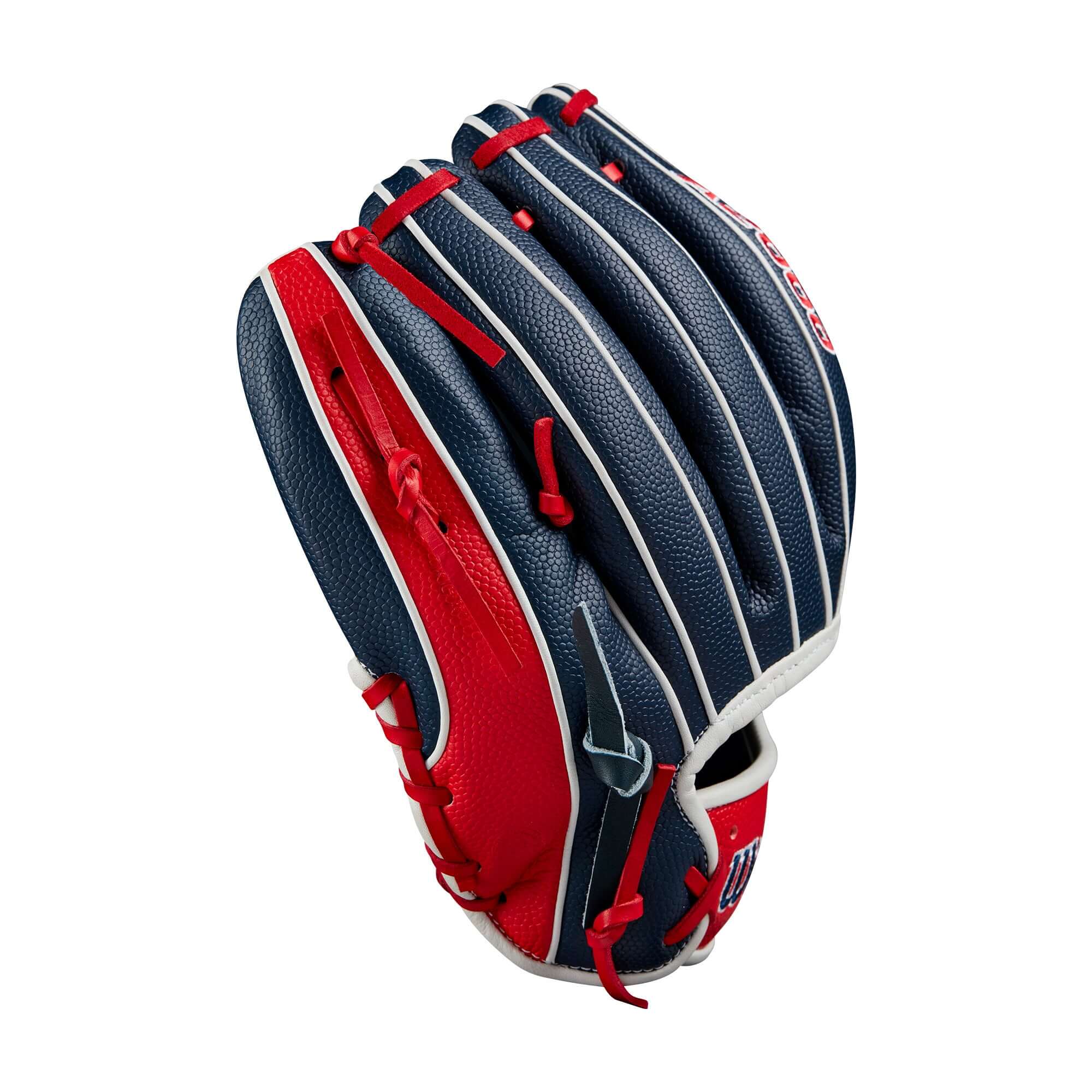 Wilson A2000 1786 Glove July 2024 in Navy and Red with shallow pocket design for quick fielding. Perfect for infield positions.