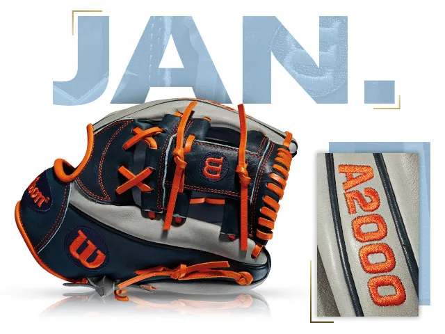 Wilson A2000 1787 glove featuring orange accents, custom design honoring Carlos Correa for January 2016 GOTM.