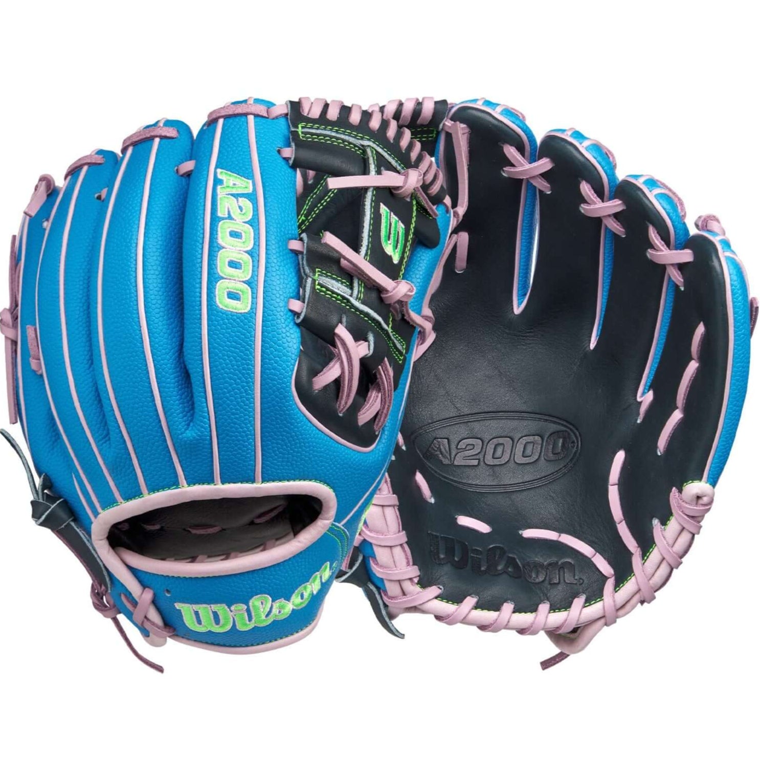 Back and palm view of the Wilson March 2025 GOTM A2000 1786SS glove showcasing Sky Blue SuperSkin and Lavender accents.