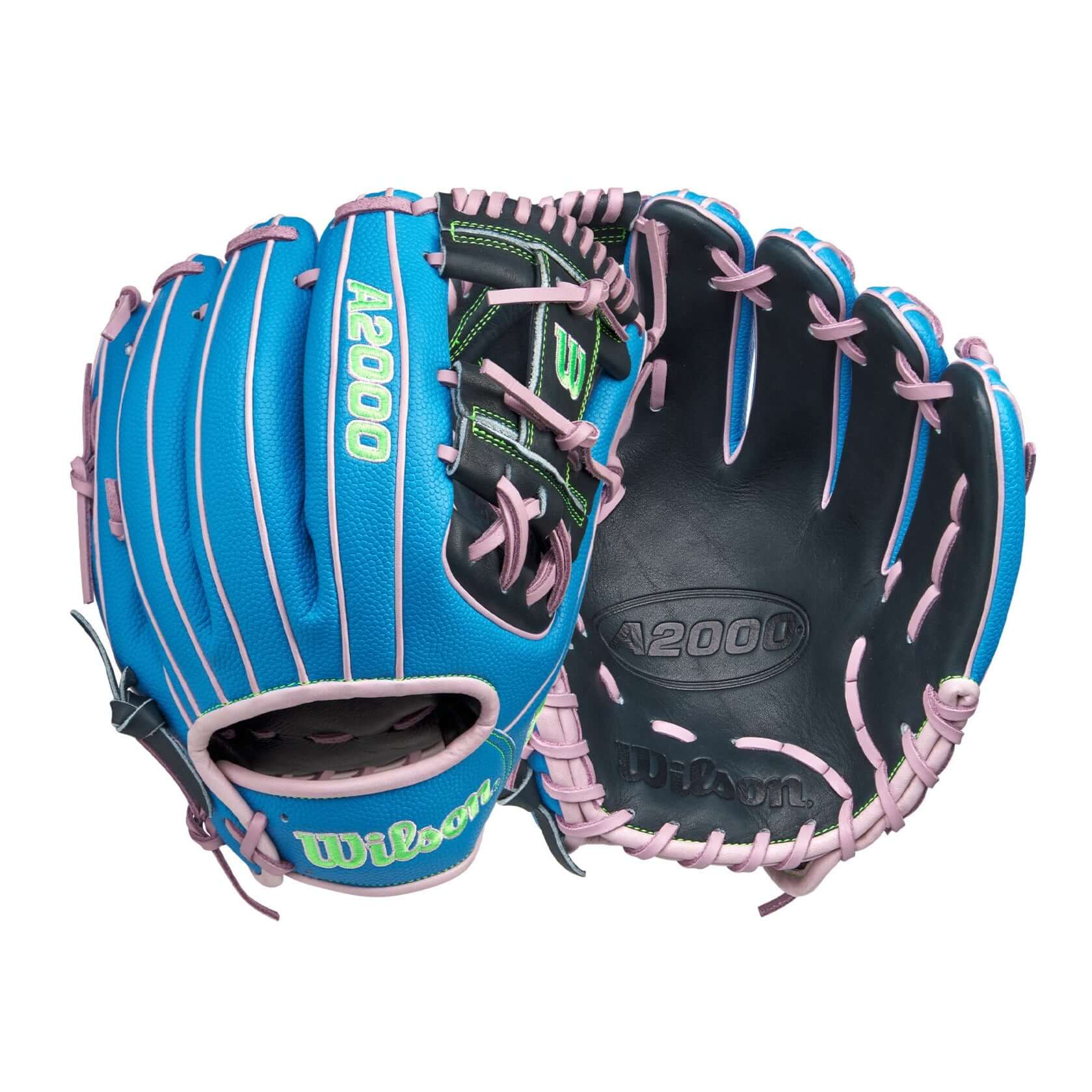 Back and palm view of the Wilson March 2025 GOTM A2000 1786SS glove showcasing Sky Blue SuperSkin and Lavender accents.