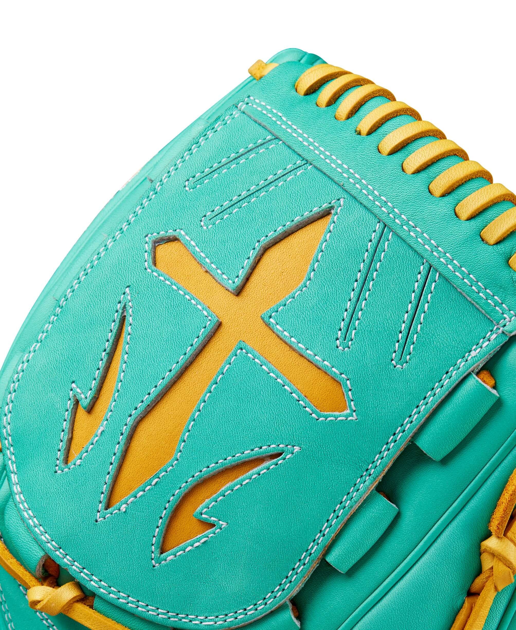 Wilson Fall 2024 A2000 B23 12-inch pitcher's glove in seafoam with yellow inlay, Pro Stock leather