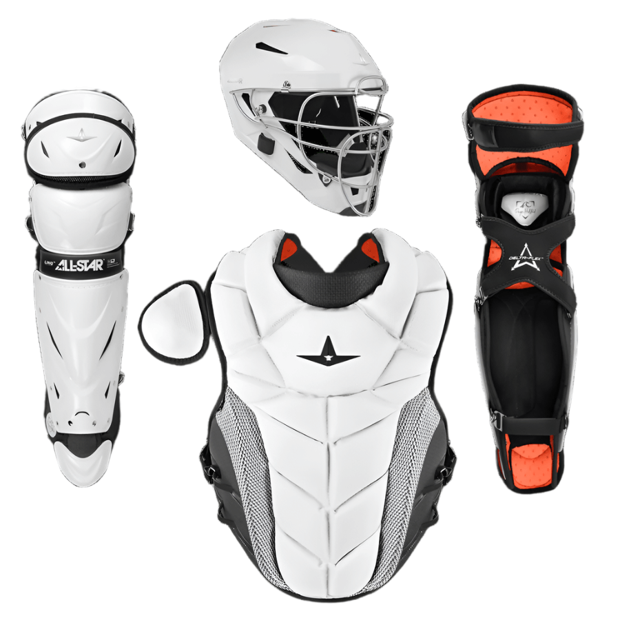 All-Star PHX Fastpitch Catching Kit featuring helmet, chest protector, and leg guards in white and black for elite catchers.