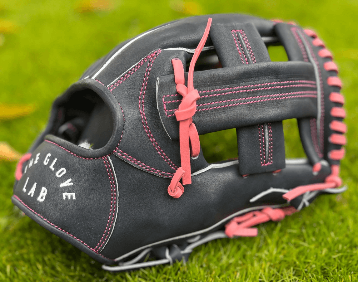 The Glove Lab 11.5" navy and pink baseball glove with single post web, crafted from Japanese tanned U.S. Steerhide.