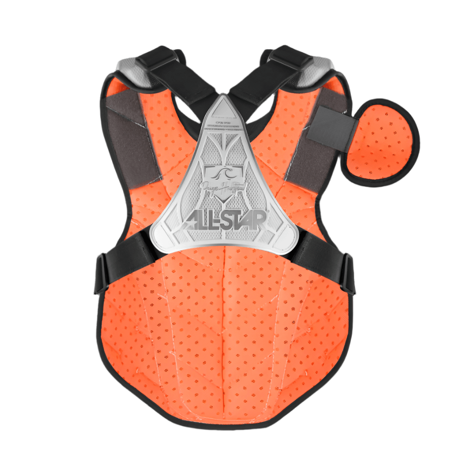 All-Star PHX Fastpitch Chest Protector in bright orange with advanced padding and design for elite catchers.