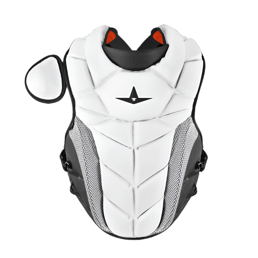 All-Star PHX Fastpitch catcher's chest protector in white and black with advanced 3DU Bar™ technology.