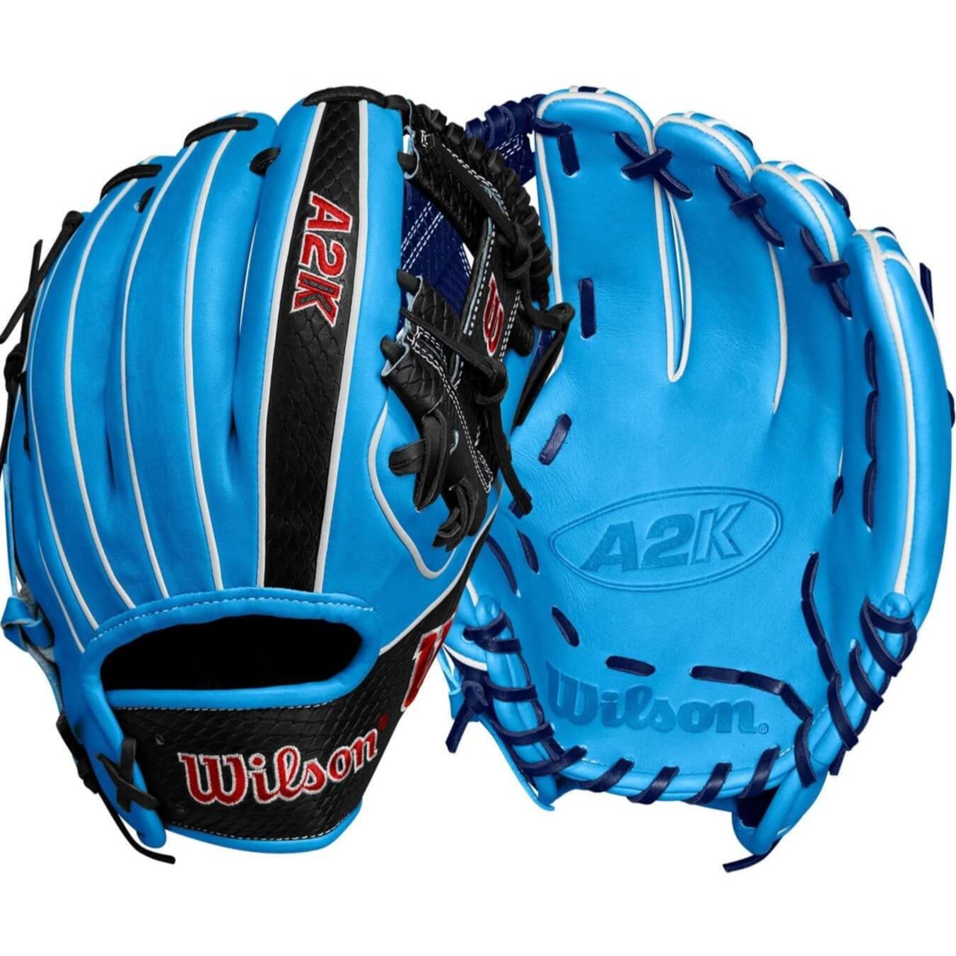 Wilson A2K 1786 glove in Tropical Blue, showcasing H-Web design and 11.5” pocket for enhanced control and quick transfers.