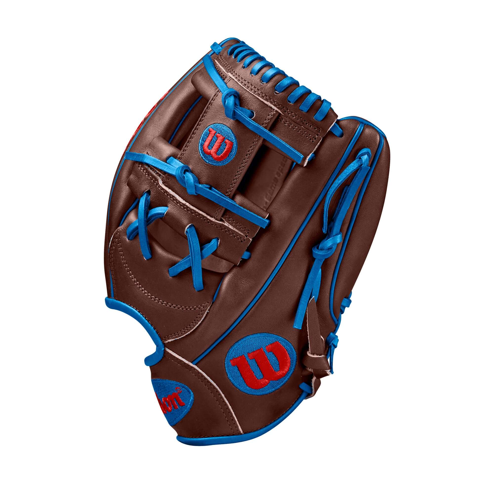 Wilson Spring 2025 A2000 Dansby Swanson GM 11.75" baseball glove in brown with blue accents, designed for performance.