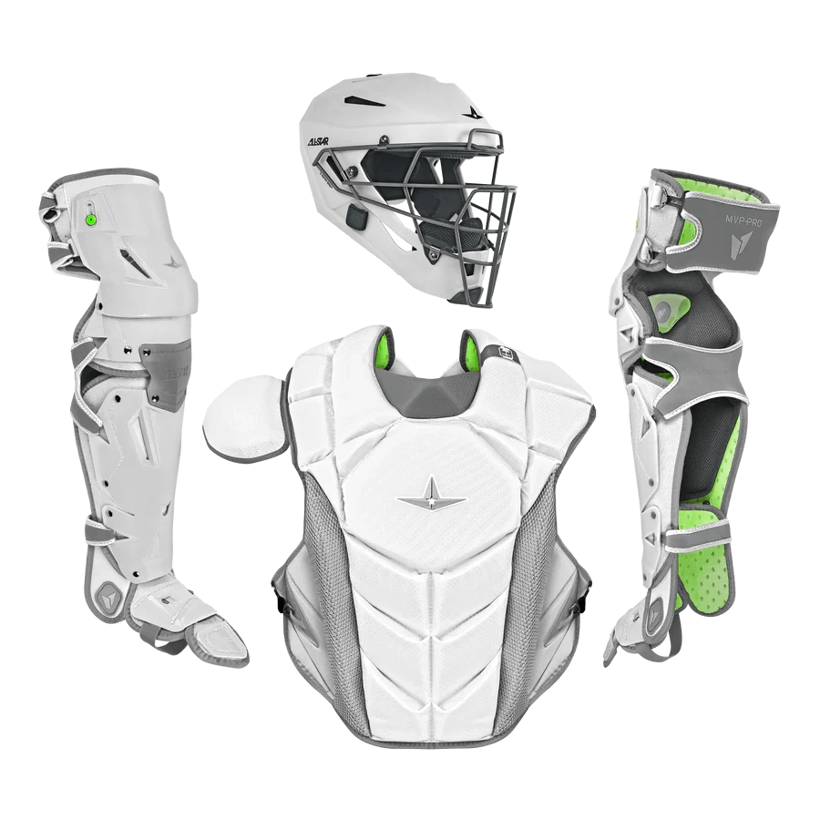 All-Star MVP-PRO Series Adult Catcher's Kit with Helmet, Chest Protector, and Leg Guards meeting NOCSAE standards.