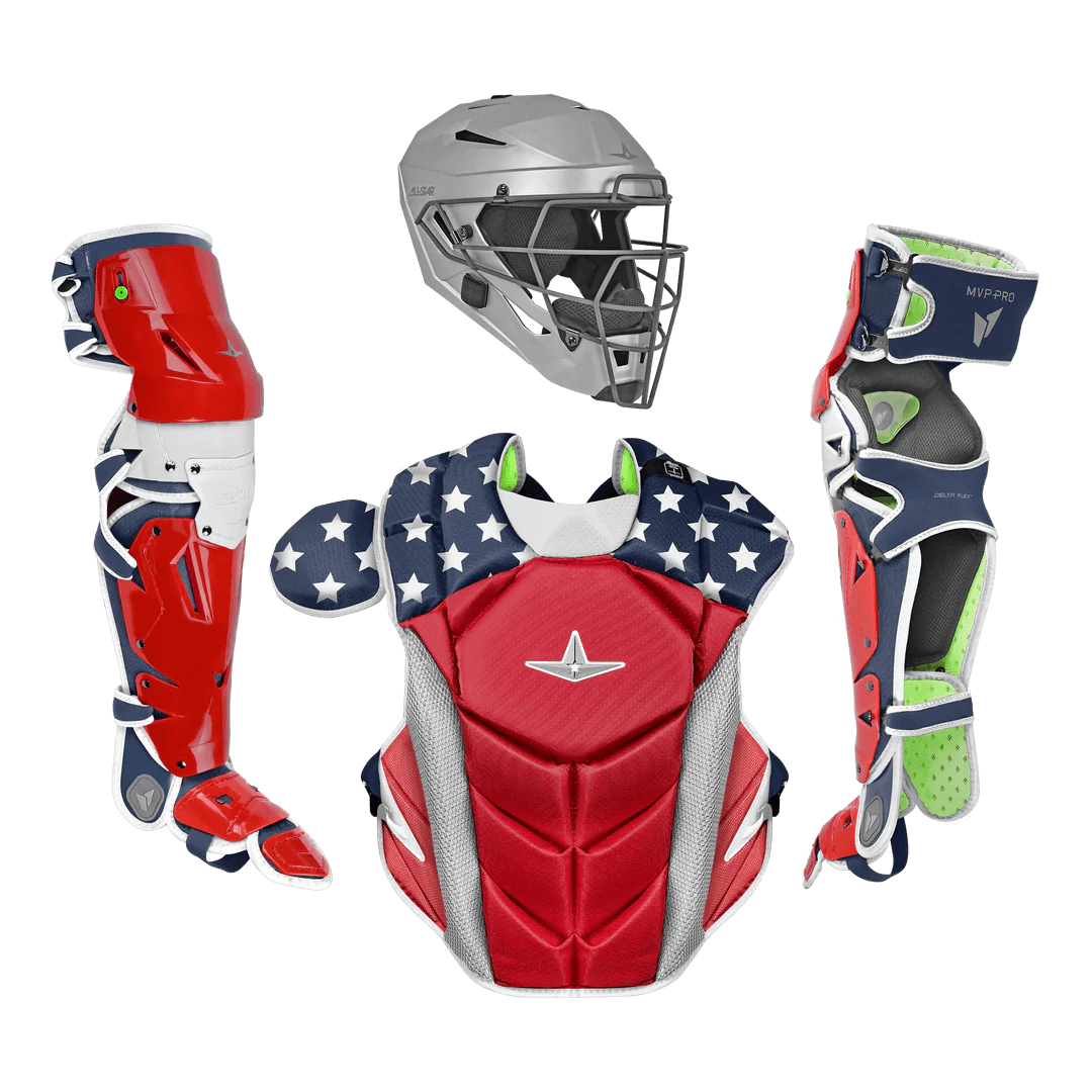 All-Star MVP-PRO Series Adult Catcher's Kit with helmet, chest protector, and leg guards meeting NOCSAE standards.