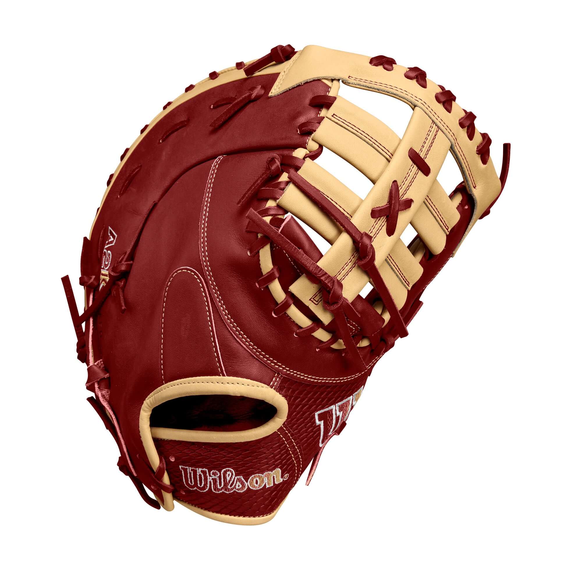 Wilson A2K 1679 12.5-inch first base mitt in red and blonde leather