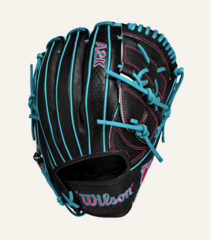 Wilson A2K B2 Pitcher's glove in black and teal, 12" design with closed 2-piece web for enhanced grip.