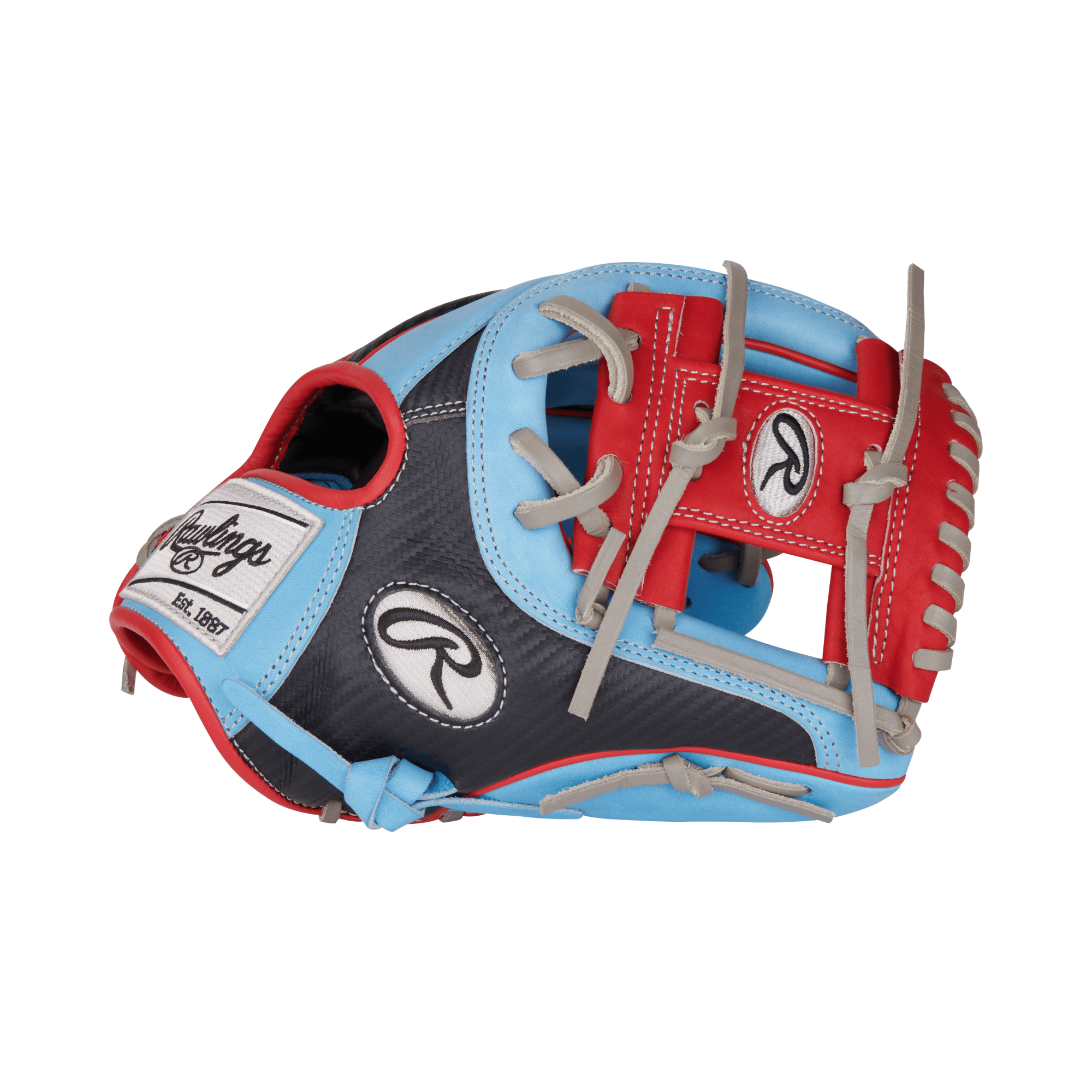 Rawlings Heart of the Hide 11.5” infield glove, Columbia blue leather with scarlet red web and binding.