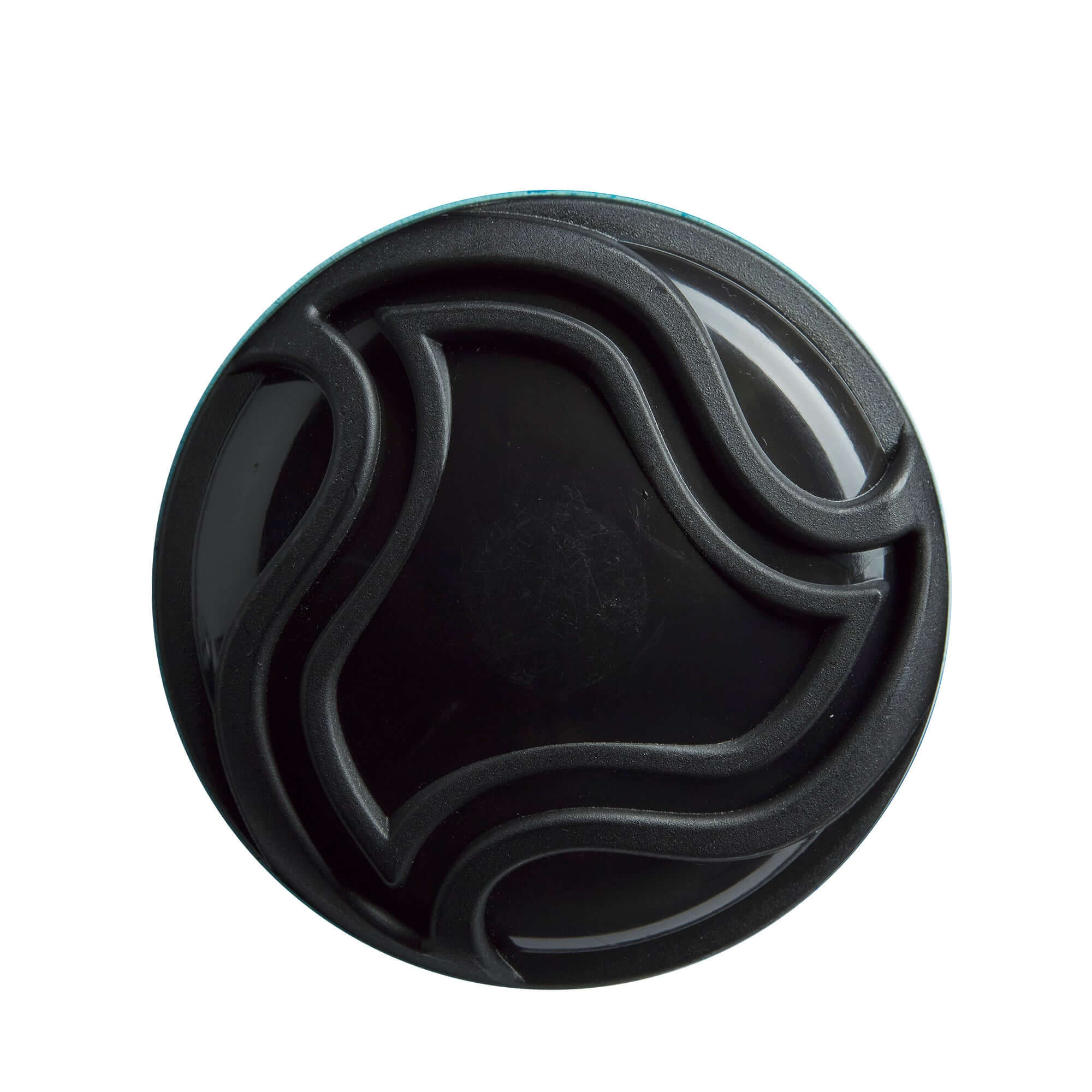 Black round item with a textured wave design on the top, offering a sleek and modern look.