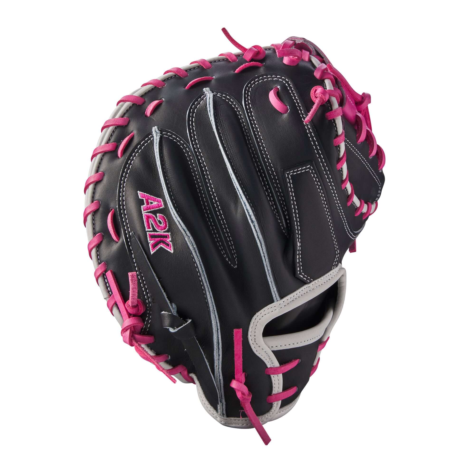 Wilson A2K M23 Catcher's Mitt in Navy Blue and Pink, designed for modern catchers, featuring a 33.5” size and larger pocket design.