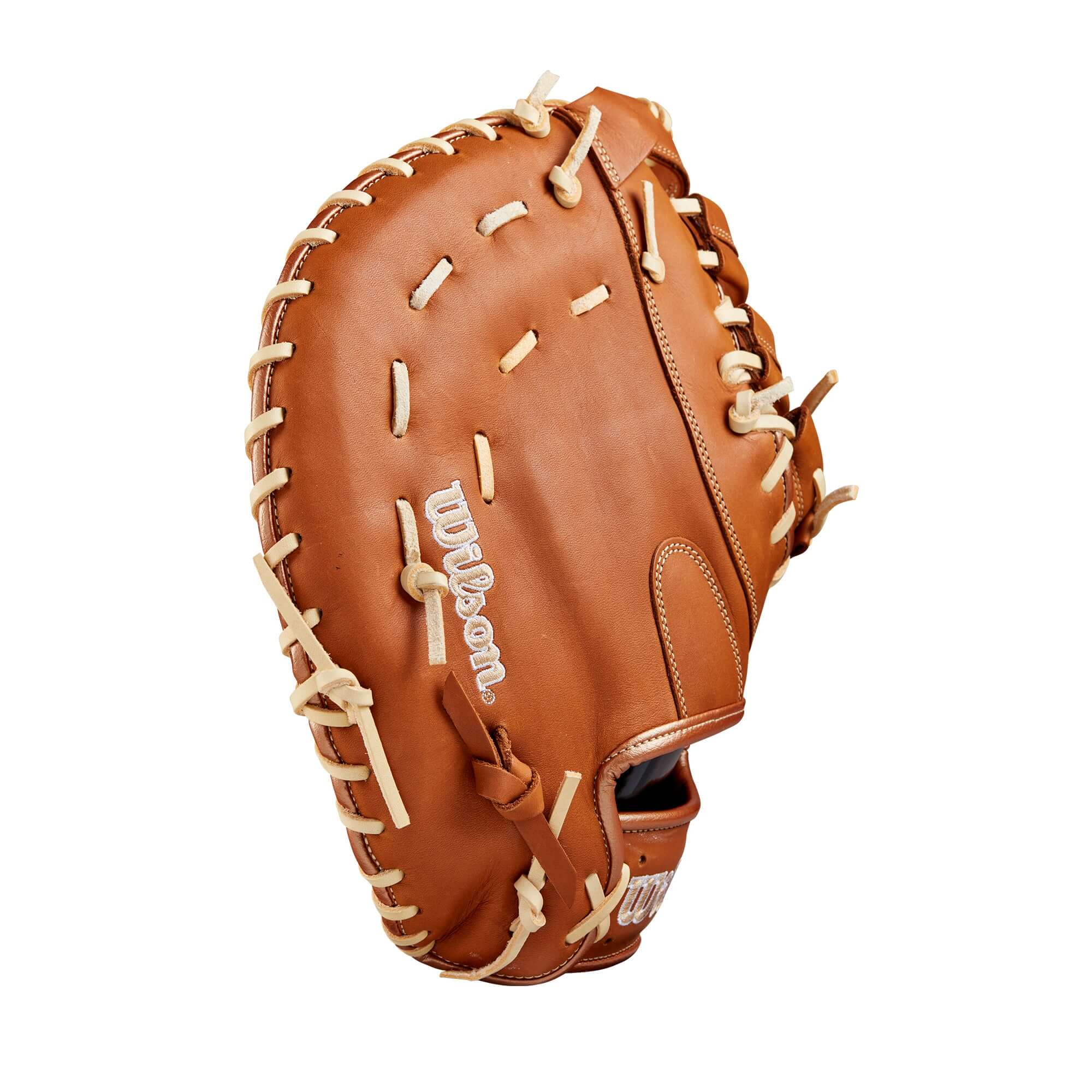 Wilson A1000 1620 first base mitt in Saddle Tan Full Grain leather, 12.5” size for players ages 12 and up.