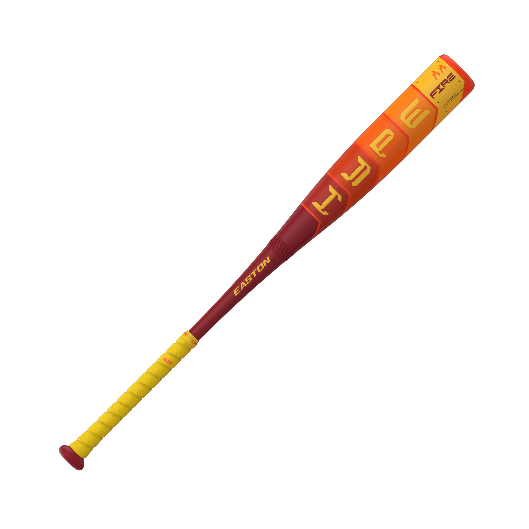 Easton Hype Fire 2025 USSSA baseball bat with vibrant yellow and red design, showcasing Thermo-Composite technology.