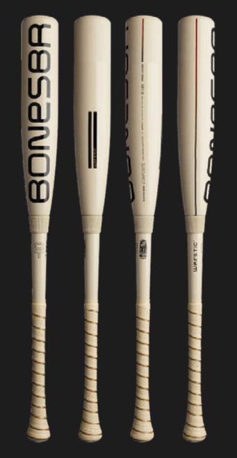 Four angles of the Warstic 2025 Bonesaber Composite USSSA Baseball Bat showcasing its sleek design and large barrel.