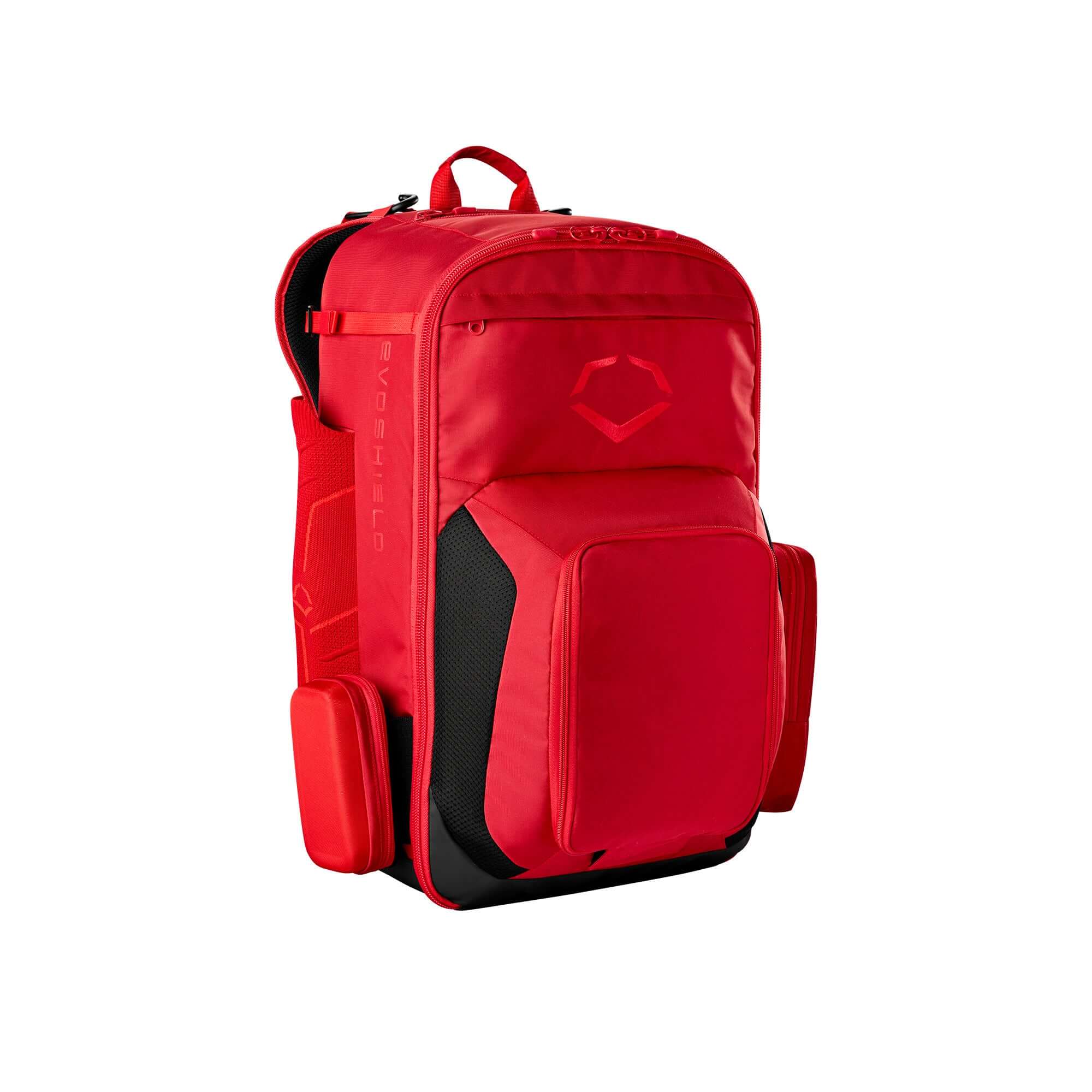 EvoShield Takeover Backpack in vibrant red, featuring spacious compartments for sports gear and ventilated shoe pocket.