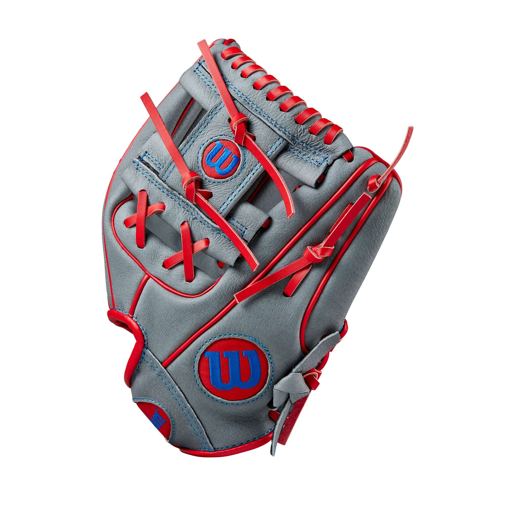 Wilson 2024 A450 10.75" youth infield glove in grey and red with iconic H-Web design.